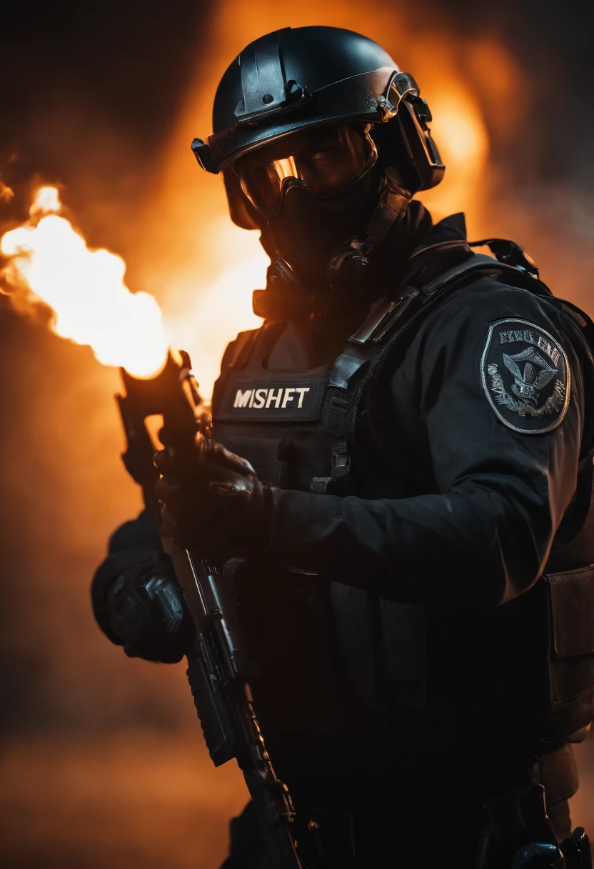 Skull-faced policeman wearing balacrava, bright burning eyes, holding super crafted weapons, super realistic weapons, super detailed weapon, original weaponry, official weaponry, assault rifle weaponry with all realistic details, burning penitentiary background, ultra-detailed background, Biomechanics, strange, scary, Nightmare, very bright colors, light particles, with bright light, Mshiff, Wallpaper art, hard line, ultra line, bold line, Wallpaper UHD, fluorescent image, no double face, no error.