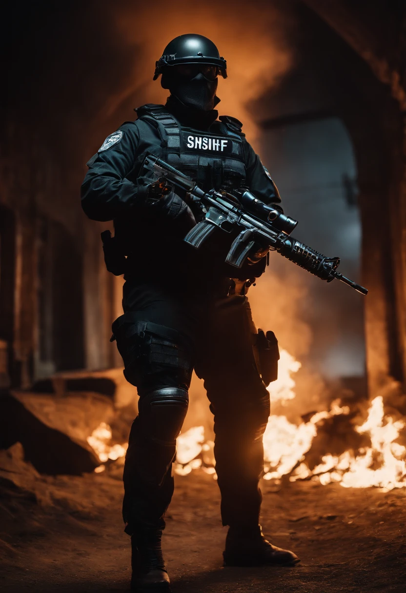 Skull-faced policeman wearing balacrava, bright burning eyes, holding super crafted weapons, super realistic weapons, super detailed weapon, original weaponry, official weaponry, assault rifle weaponry with all realistic details, burning penitentiary background, ultra-detailed background, Biomechanics, strange, scary, Nightmare, very bright colors, light particles, with bright light, Mshiff, Wallpaper art, hard line, ultra line, bold line, Wallpaper UHD, fluorescent image, no double face, no error.