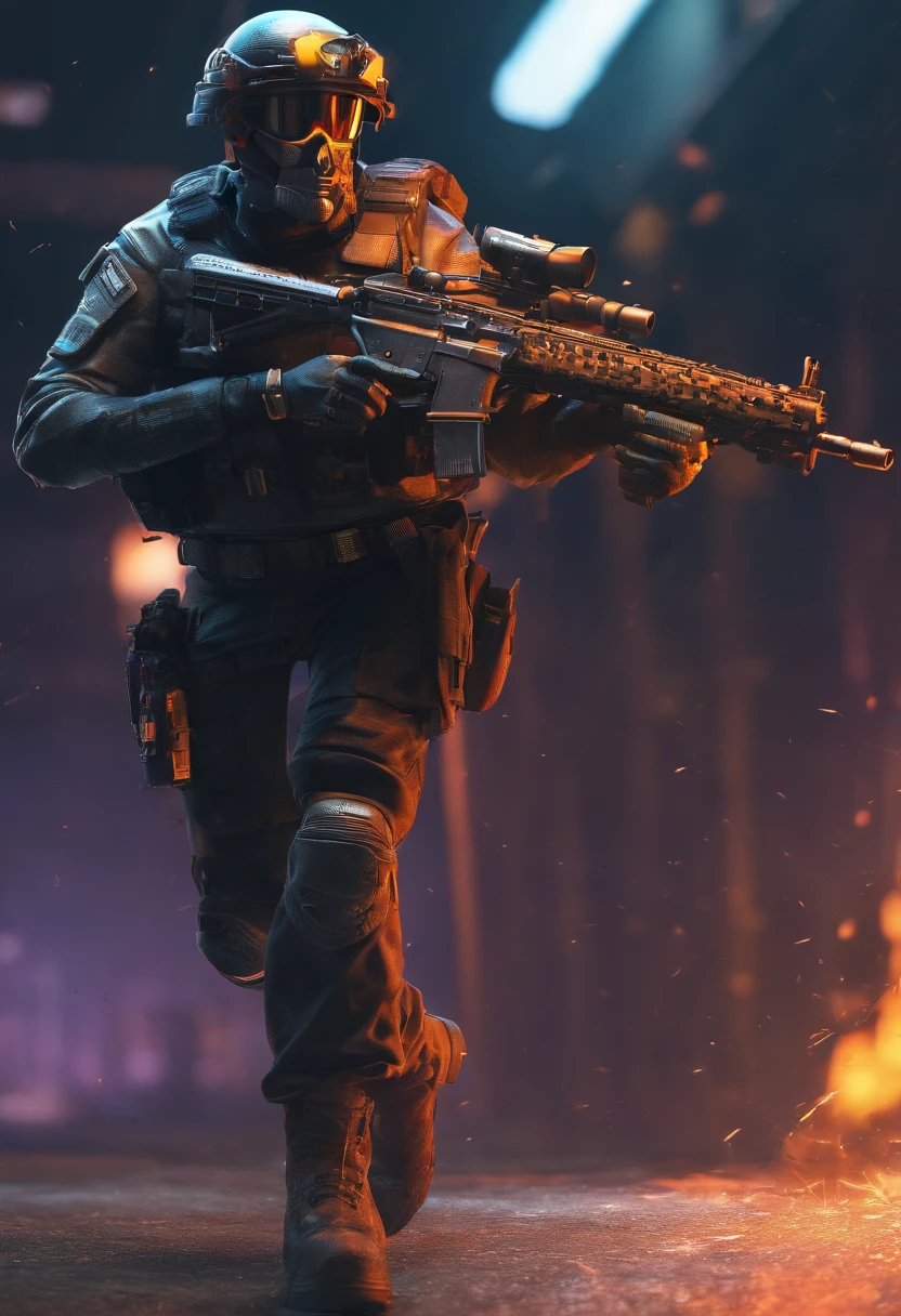 Skull-faced policeman wearing balacrava, bright burning eyes, holding super crafted weapons, super realistic weapons, super detailed weapon, original weaponry, official weaponry, assault rifle weaponry with all realistic details, burning penitentiary background, ultra-detailed background, Biomechanics, strange, scary, Nightmare, very bright colors, light particles, with bright light, Mshiff, Wallpaper art, hard line, ultra line, bold line, Wallpaper UHD, fluorescent image, no double face, no error.