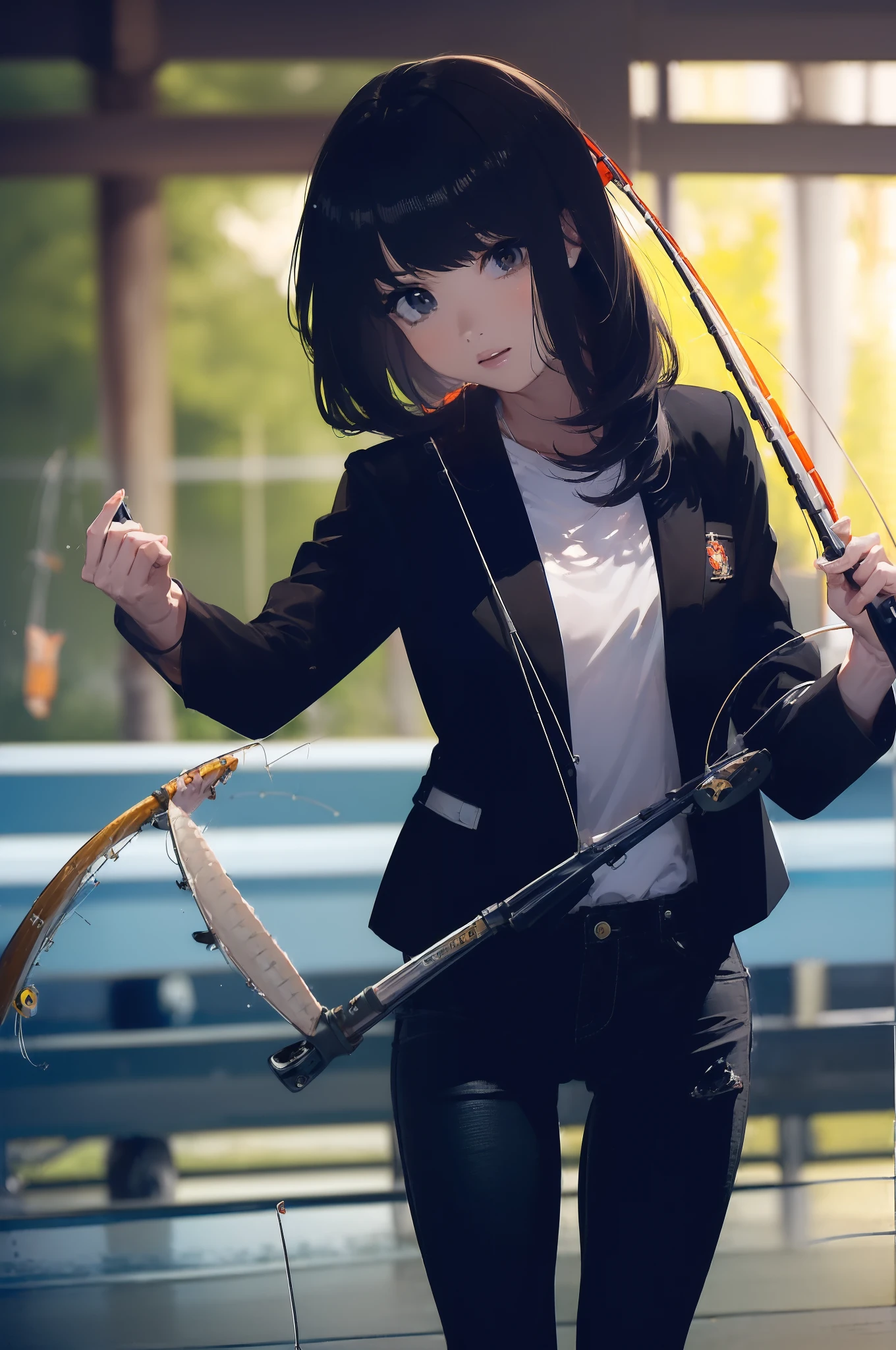 ((((having a fishing rod with a reel by the lakeside:1.5)))),((Female 28 years old)),((Best Quality:1.5)),(((Hands with the correct number and structure of fingers:1.4))),((Big fish:1.37)),hight resolution,ultra-detailliert,masterpiece,best qualtiy,(Eight-headed body),Black hair, long eyes-lashes, Solid Circle Eyes, drop shadow, Atmospheric perspective,Super Detail, ccurate, small brest,(Black jacket and black jeans :1.1),top-quality, blurry backround, bokeh dof:1.2, (masterpiece:1.3), Atmospheric perspective,Super Detail,dynamic compositions,