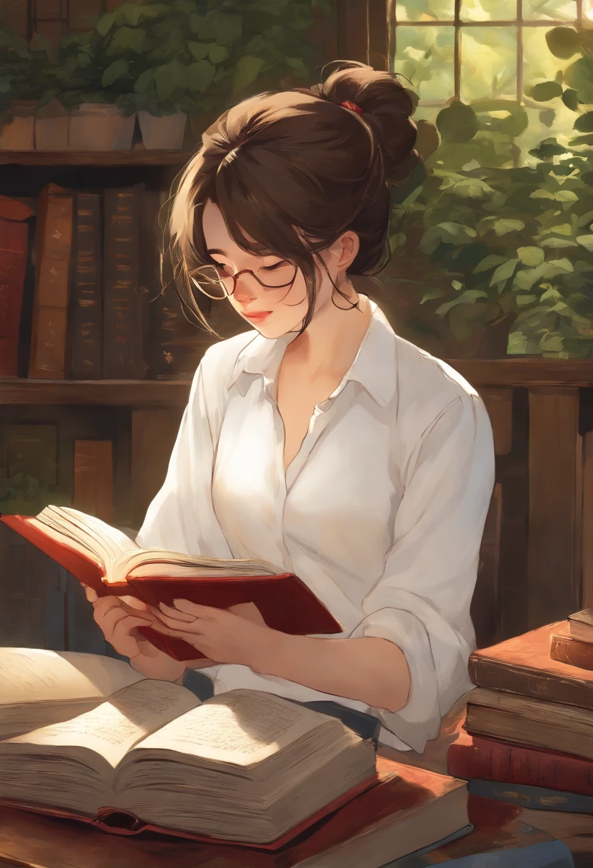 A girl,close up, wearing white shirt, reading a book, (best quality:1.3), (highres:1), (detailed:1.3), (incredible:1.3), (perfect:1.3), (perfection:1.3), (volume cover art:0), (illustration:1.3), art by studio ghibli