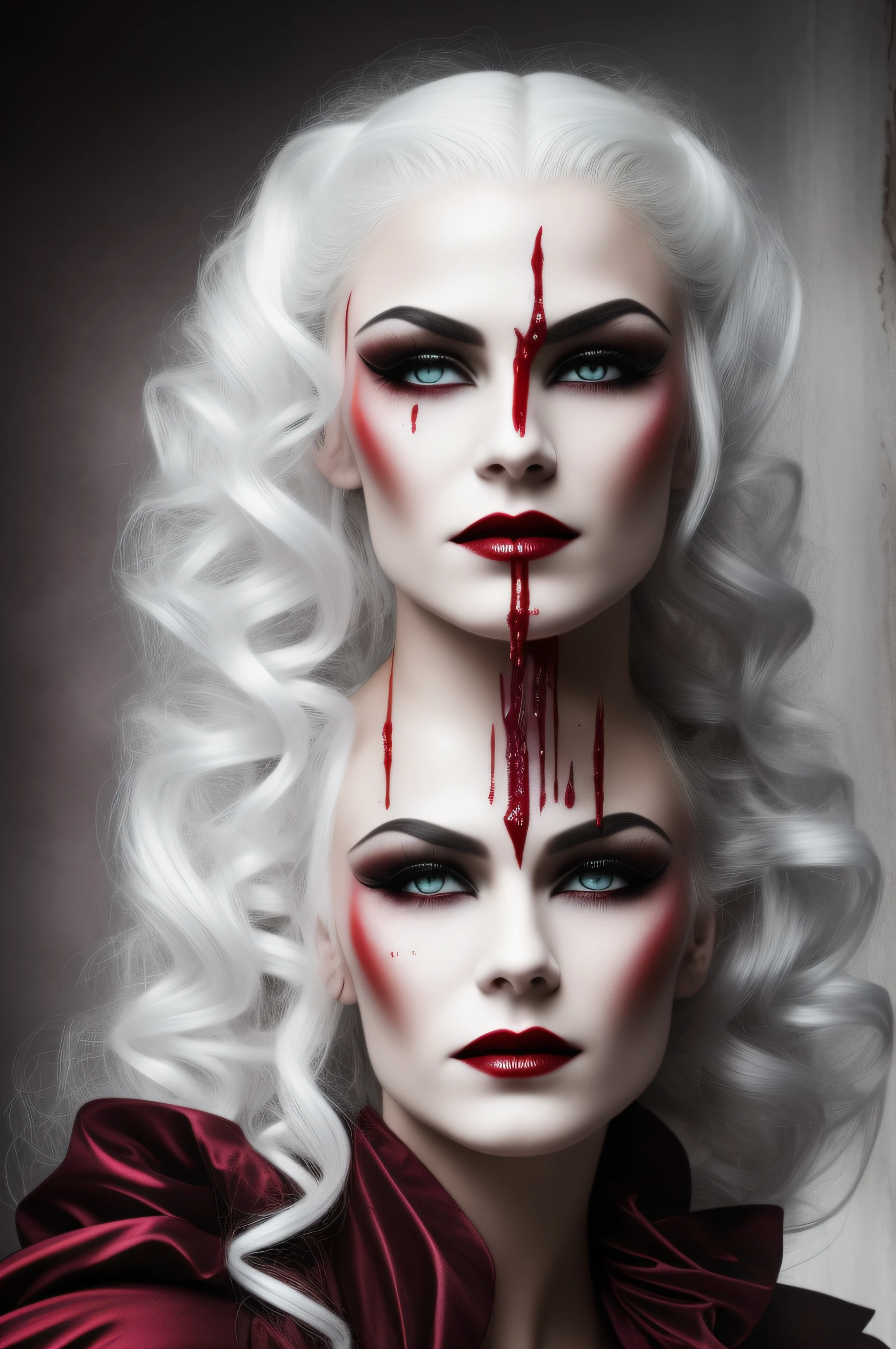 Arafed woman with white hair and blood on her face, androgyner Vampir, Beautiful vampire female queen, Portrait of a vampire lady, Vampir, ziehen, Blut tropft aus dem Mund, Beautiful creepy female vampire, Gruseliger Vampir, Portrait of a beautiful vampire, Frau Vampir, Vampire Portrait, weiblicher Vampir, Blutiges Gesicht, sauberes, brutales, blutiges Gesicht, bloody tears, Der Vampir