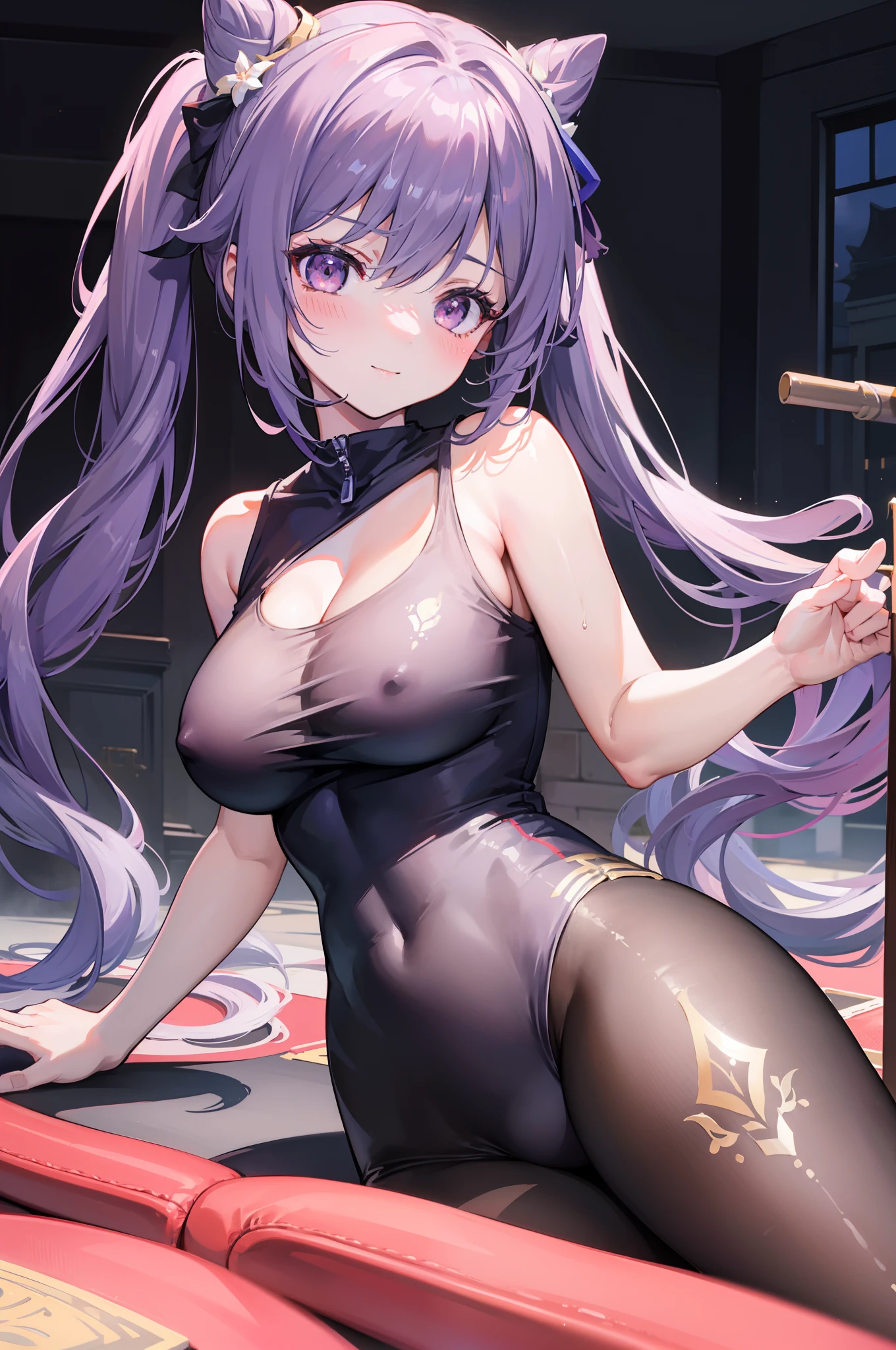 (masterpiece)1 girl, Keqing, Big Boobs, Genshin Impact, best quality, expressive eyes, perfect face, upper Big body, smile, blush, Wearing Wet Gym Tights and Compression Top T-Shirt , indoors, day, simple background, Laying Down, looking , Bright sky, looking at viewer, stairs, moody lighting