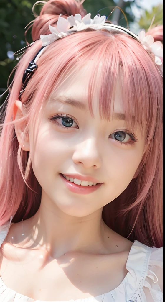 (ultra-detailliert), Frontal Face,head shot, Front view,Cute princess dress in white,(frilly dress),(shortsleeves),Blue eyes,The upper part of the body、cowboy  shot、faces、(A smile:1.5),(facing front:1.2), 20yr old, teens girl,no tail,(no tail),2D, ​masterpiece, top-quality, animesque, A detailed eye, A detailed face, girl with, Only 1 person,Medium hair with pink hair, (Pink hair),  small tits, straight haired、 Stand at the intersection、(No headband)、No ears