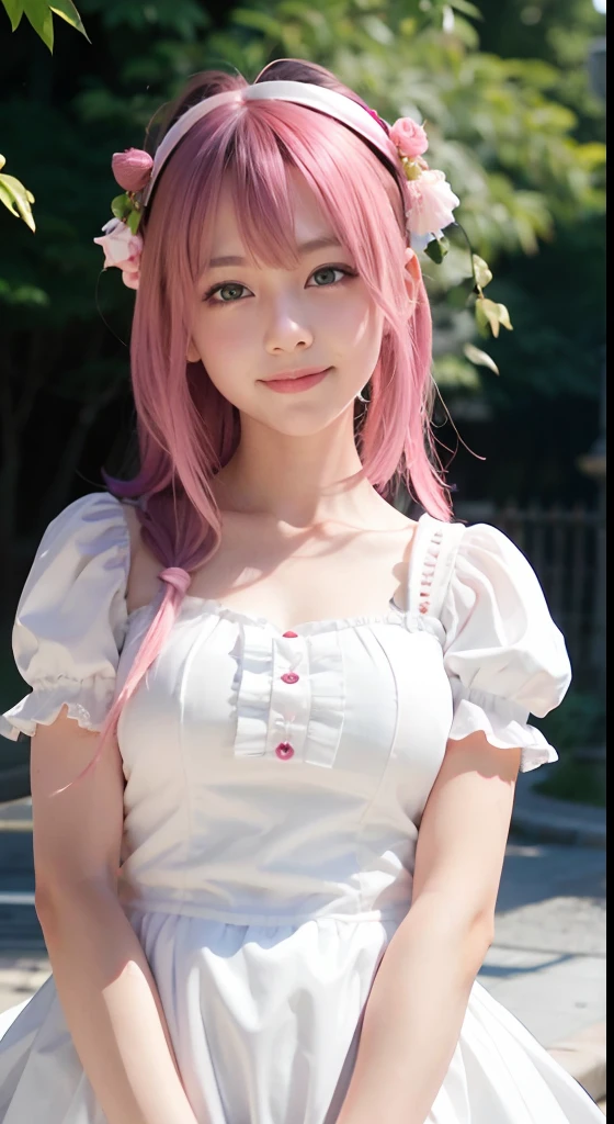 8k resolution, high resolution, single, girl, fair skin, big eyes, long eyelashes, sweet silkworm, deep eyes, lipstick, smile, ((pink hair)), messy hair, hair details, face details, ((white slip shirt)), ((black dress)), summer sun, nature, cute little animals, cute girl, silly cute, girly, white tights
