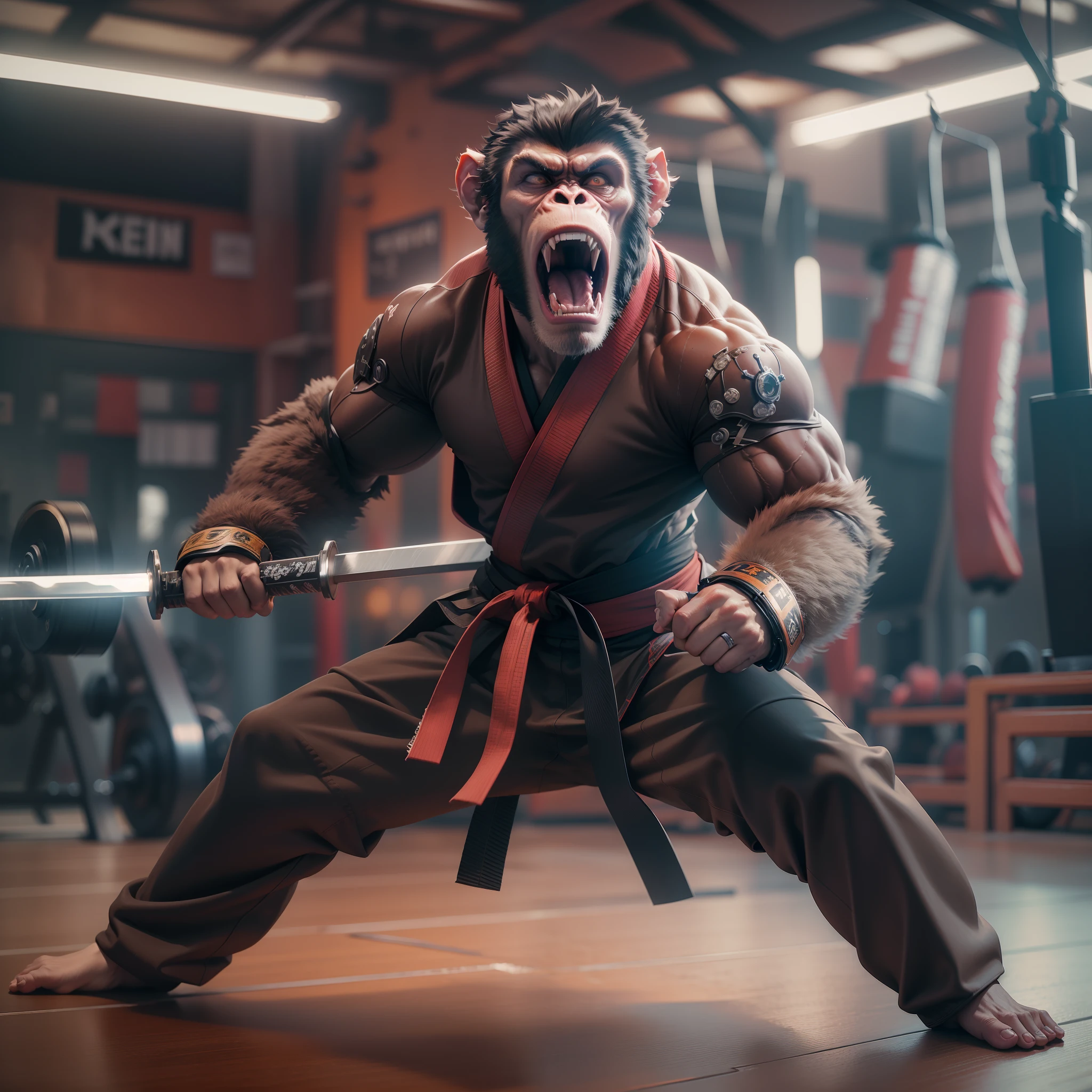 Cyber Punk Cyborg hybrid Angry Screaming Monkey , with hakama practicing sword fighting with wooden swords, in dojo Martial artists using ki blasts, karate action shot of two karate fighter, hyper details, rich colors, photograph, arena dojo backgrtound, hd, realistic, uhd, RTX, long shot, f/ 4, 14mm lens, full body, at bodybuilding gym, young, with angry expression, looking at camera, full length, looking at camera, muscles, intricate, highly detailed, cinematic lighting, station artistic, soft, sharp focus, photorealism, photography, realistic, depth of field, 8k, octane rendering, long exposure, unrealistic engine
