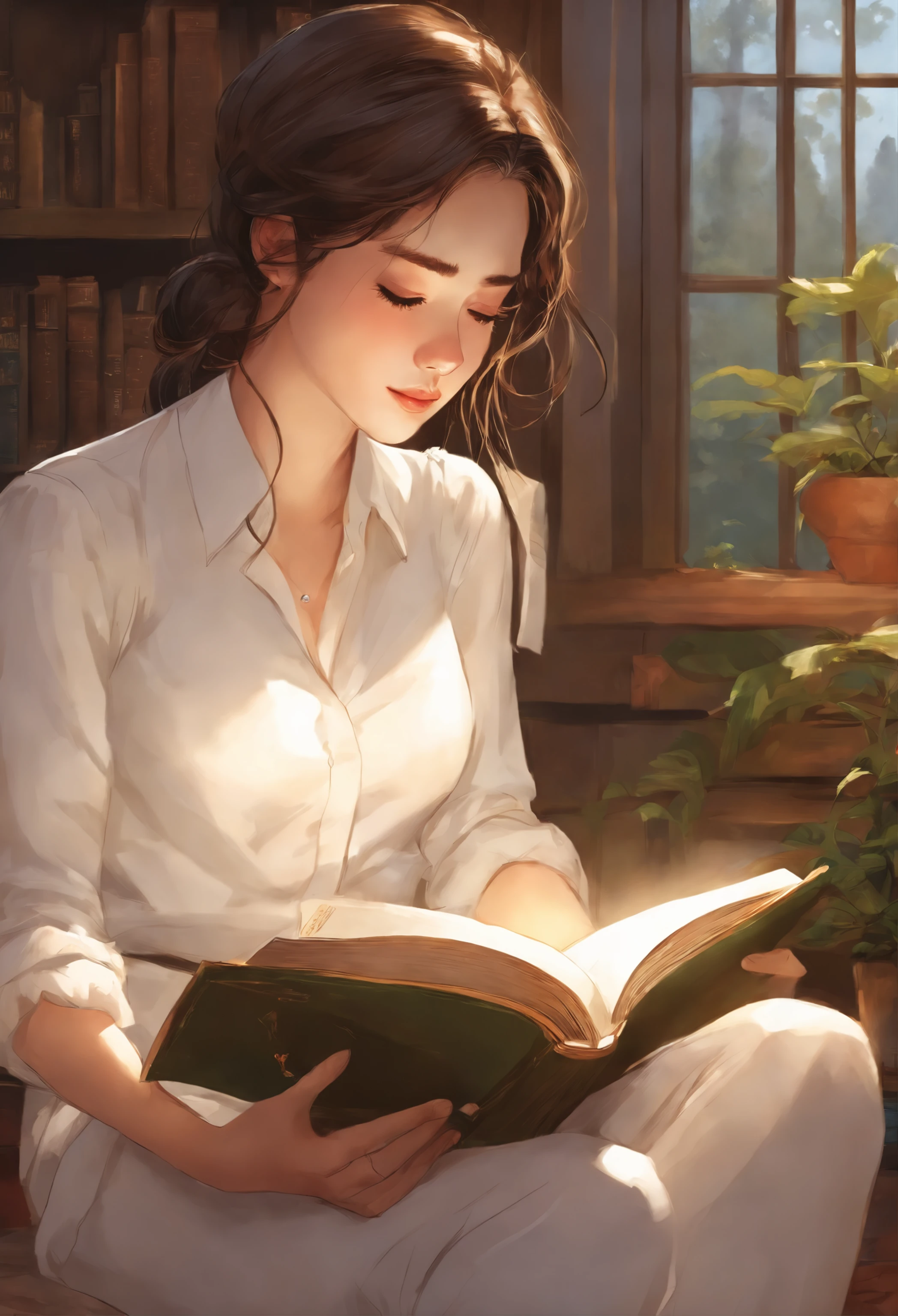 A girl,close up, wearing white shirt, reading a book, (best quality:1.3), (highres:1), (detailed:1.3), (incredible:1.3), (perfect:1.3), (perfection:1.3), (volume cover art:0), (illustration:1.3), art by studio ghibli