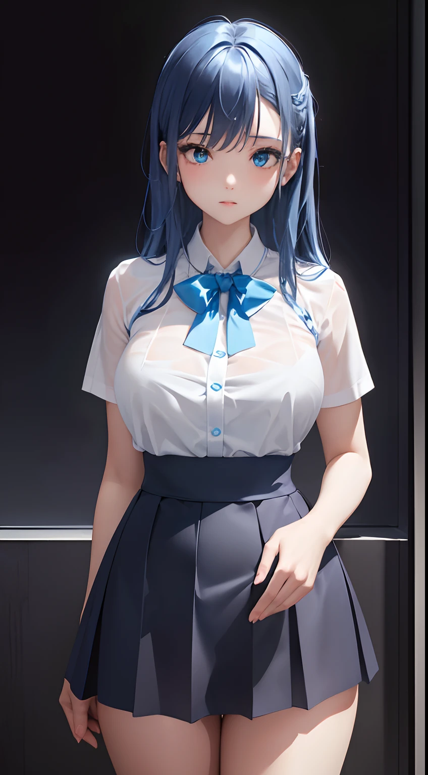 swim wears hposing Gravure Idol((masterpiece))、(top-quality)、(detaileds)、(1girl)、blue hairs、Blue glowing eyes、Upstyle、white shirt、a black skirt、looking down to viewer