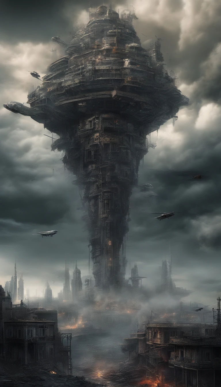 (sci-fi art:1.5), sci-fi postapocalyptic world, (a flying city:1.7), a white flying castle is located on it, (huge mechanisms spew clouds of smoke:1.3), panoramic view, clouds of smoke, storm clouds, (masterpiece), (vivid colors:1.6)