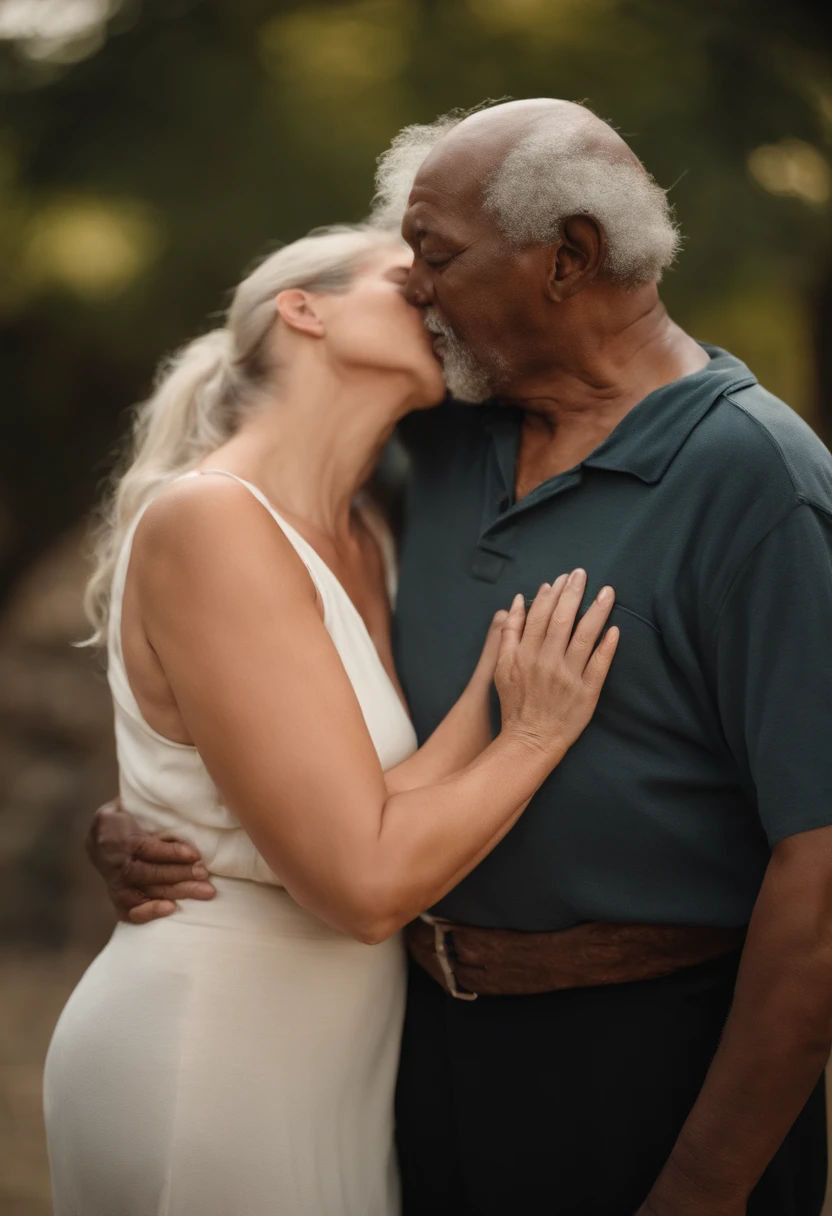 (masterpiece), best quality, expressive eyes, A short ugly old man with ugly dark skin, bold, and a petite build hugs and kisses a taller woman with pale white skin and a ponytail. The old man has a slim figure, while the taller woman is a milf and has a curvier plump physique. They both have different skin tones . Bigger woman and smaller old man. The old man kiss ,grabbed and squeezed the milf curvaceous plump huge fat ass.