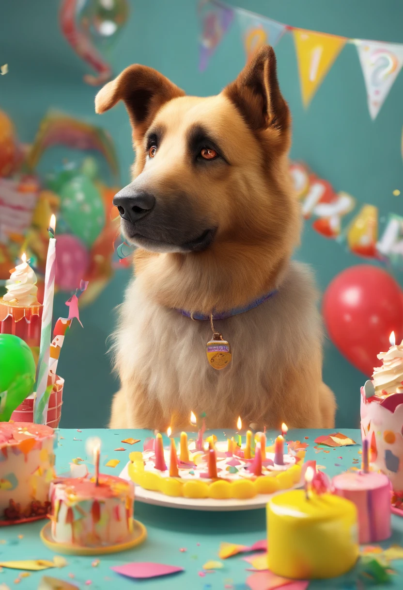 ONE DOG BIRTHDAY PARTY, ULTRA REALISTIC DOG IN 8K, SUPER DETAILS AND VIBRANT COLORS, IMAGE WITHOUT RESIDUE, IMAGE WITHOUT ERRORS, IMAGE WITHOUT TWO HEADS, IMAGE WITHOUT DOUBLE-SIDED, ENVIRONMENT DETAILS SUPER WORKED, CAKE AND CANDLES SUPER DETAILED,