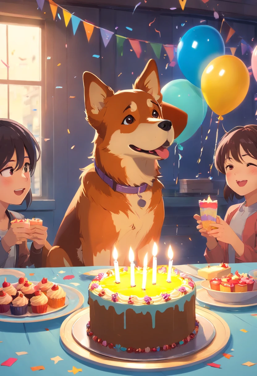 ONE DOG BIRTHDAY PARTY, ULTRA REALISTIC DOG IN 8K, SUPER DETAILS AND VIBRANT COLORS, IMAGE WITHOUT RESIDUE, IMAGE WITHOUT ERRORS, IMAGE WITHOUT TWO HEADS, IMAGE WITHOUT DOUBLE-SIDED, ENVIRONMENT DETAILS SUPER WORKED, CAKE AND CANDLES SUPER DETAILED,