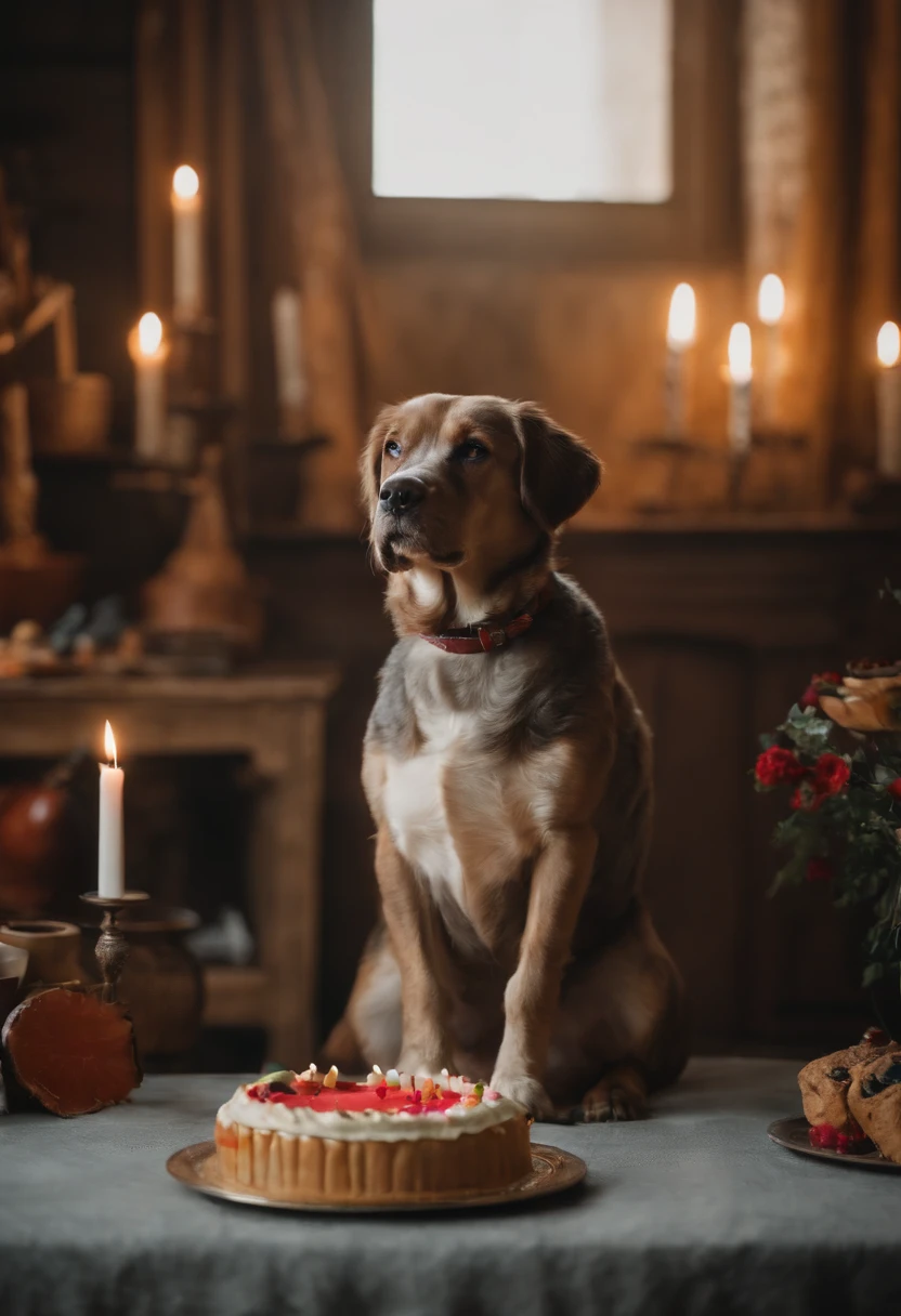 ONE DOG BIRTHDAY PARTY, ULTRA REALISTIC DOG IN 8K, SUPER DETAILS AND VIBRANT COLORS, IMAGE WITHOUT RESIDUE, IMAGE WITHOUT ERRORS, IMAGE WITHOUT TWO HEADS, IMAGE WITHOUT DOUBLE-SIDED, ENVIRONMENT DETAILS SUPER WORKED, CAKE AND CANDLES SUPER DETAILED,