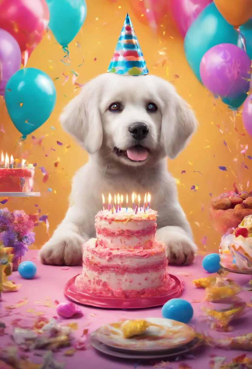 ONE DOG BIRTHDAY PARTY, ULTRA REALISTIC DOG IN 8K, SUPER DETAILS AND VIBRANT COLORS, IMAGE WITHOUT RESIDUE, IMAGE WITHOUT ERRORS, IMAGE WITHOUT TWO HEADS, IMAGE WITHOUT DOUBLE-SIDED, ENVIRONMENT DETAILS SUPER WORKED, CAKE AND CANDLES SUPER DETAILED,