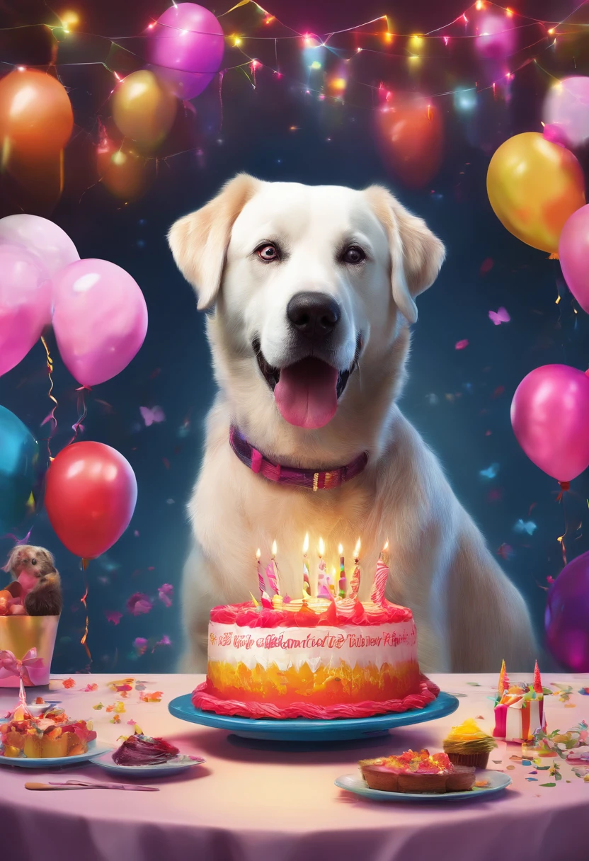 ONE DOG BIRTHDAY PARTY, ULTRA REALISTIC DOG IN 8K, SUPER DETAILS AND VIBRANT COLORS, IMAGE WITHOUT RESIDUE, IMAGE WITHOUT ERRORS, IMAGE WITHOUT TWO HEADS, IMAGE WITHOUT DOUBLE-SIDED, ENVIRONMENT DETAILS SUPER WORKED, CAKE AND CANDLES SUPER DETAILED,