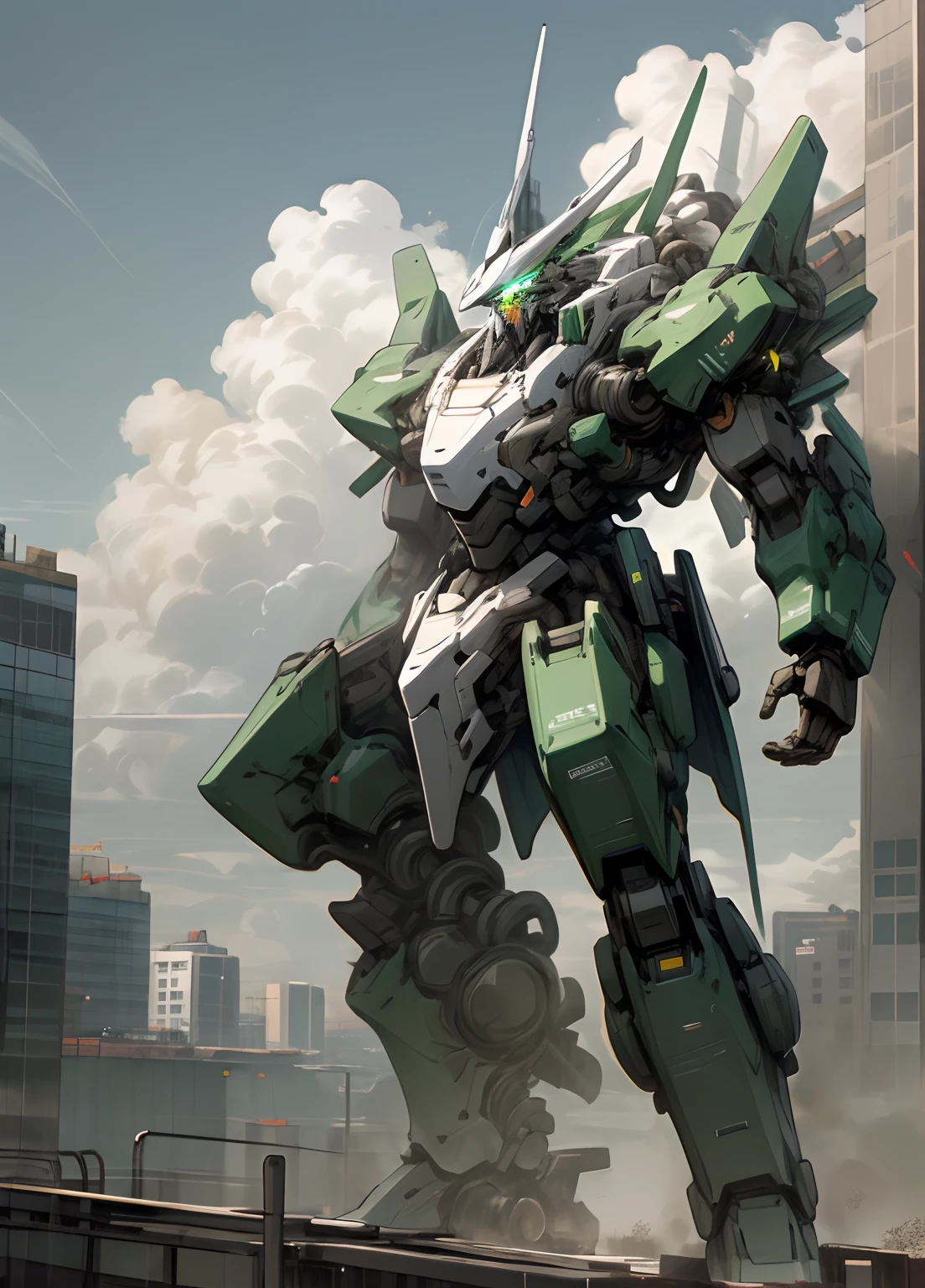 sky, cloud, no_humans, glowing, robot, building, skyscrapper, glowing_eyes, mecha, science_fiction, city, realistic, green, 8k, full_body, mecha, high quality background