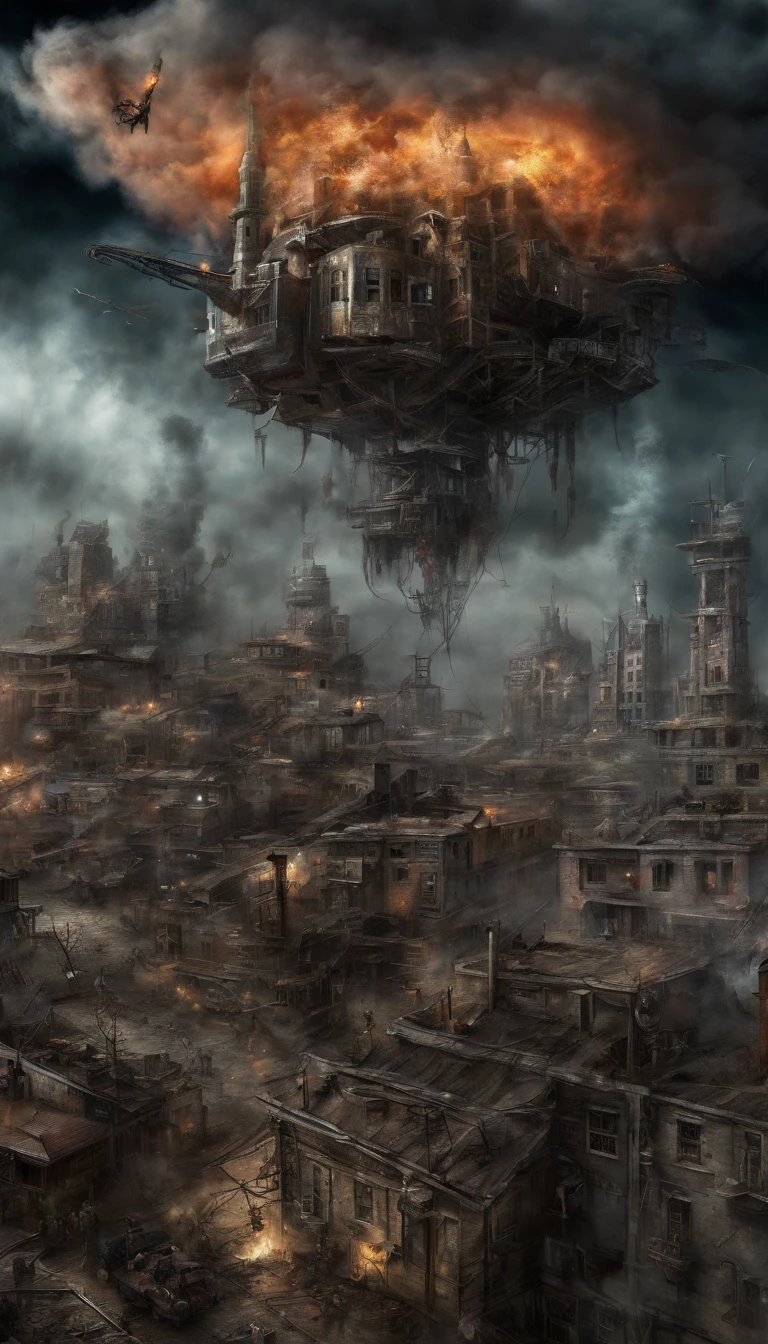 (sci-fi art:1.5), sci-fi postapocalyptic world, (a flying city:1.7), (steampunk machinery spew clouds of smoke:1.3), panoramic view, clouds of smoke, storm clouds, (masterpiece), (vivid colors:1.6)