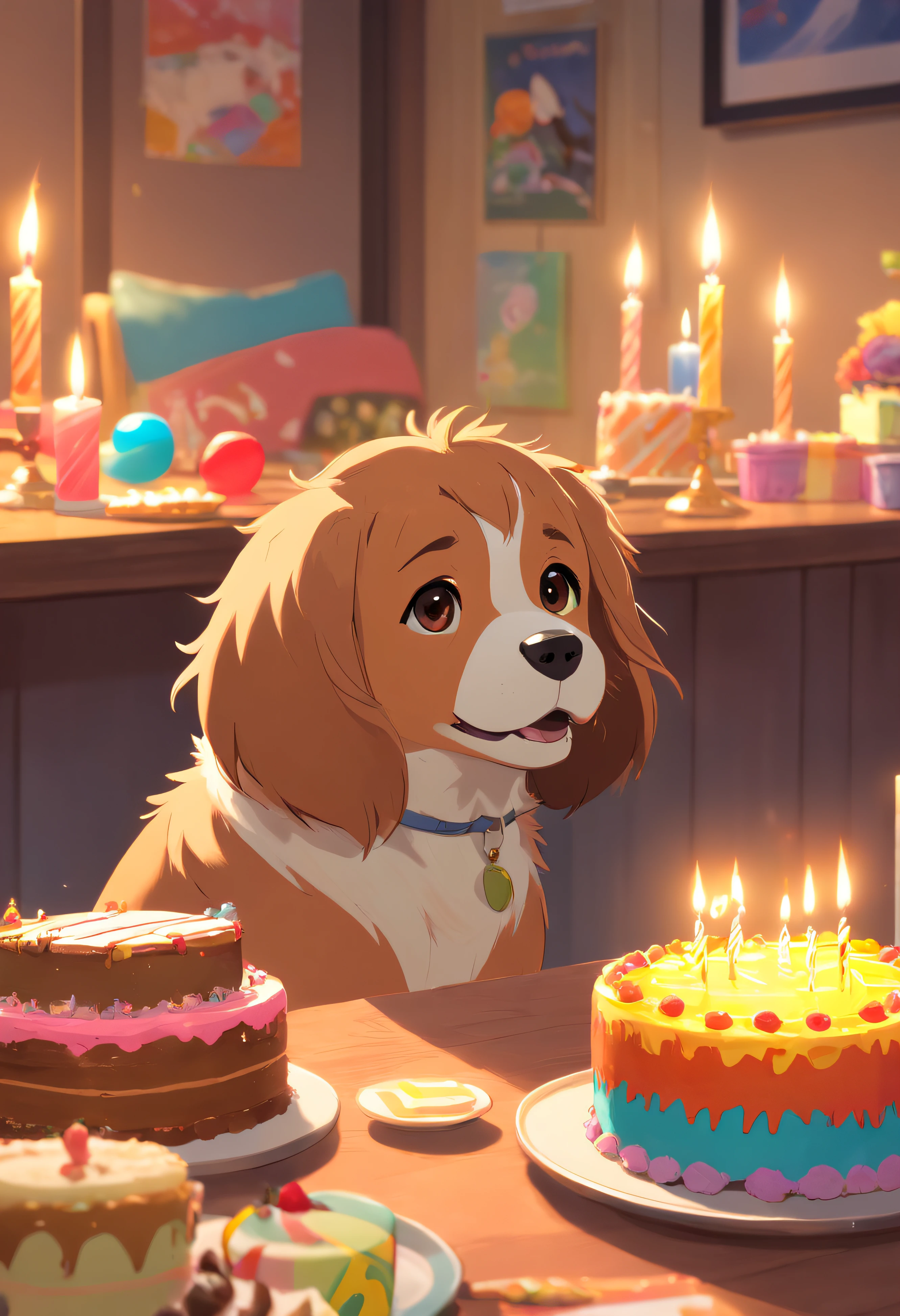 ONE DOG BIRTHDAY PARTY, ULTRA REALISTIC DOG IN 8K, SUPER DETAILS AND VIBRANT COLORS, IMAGE WITHOUT RESIDUE, IMAGE WITHOUT ERRORS, IMAGE WITHOUT TWO HEADS, IMAGE WITHOUT DOUBLE-SIDED, ENVIRONMENT DETAILS SUPER WORKED, CAKE AND CANDLES SUPER DETAILED,