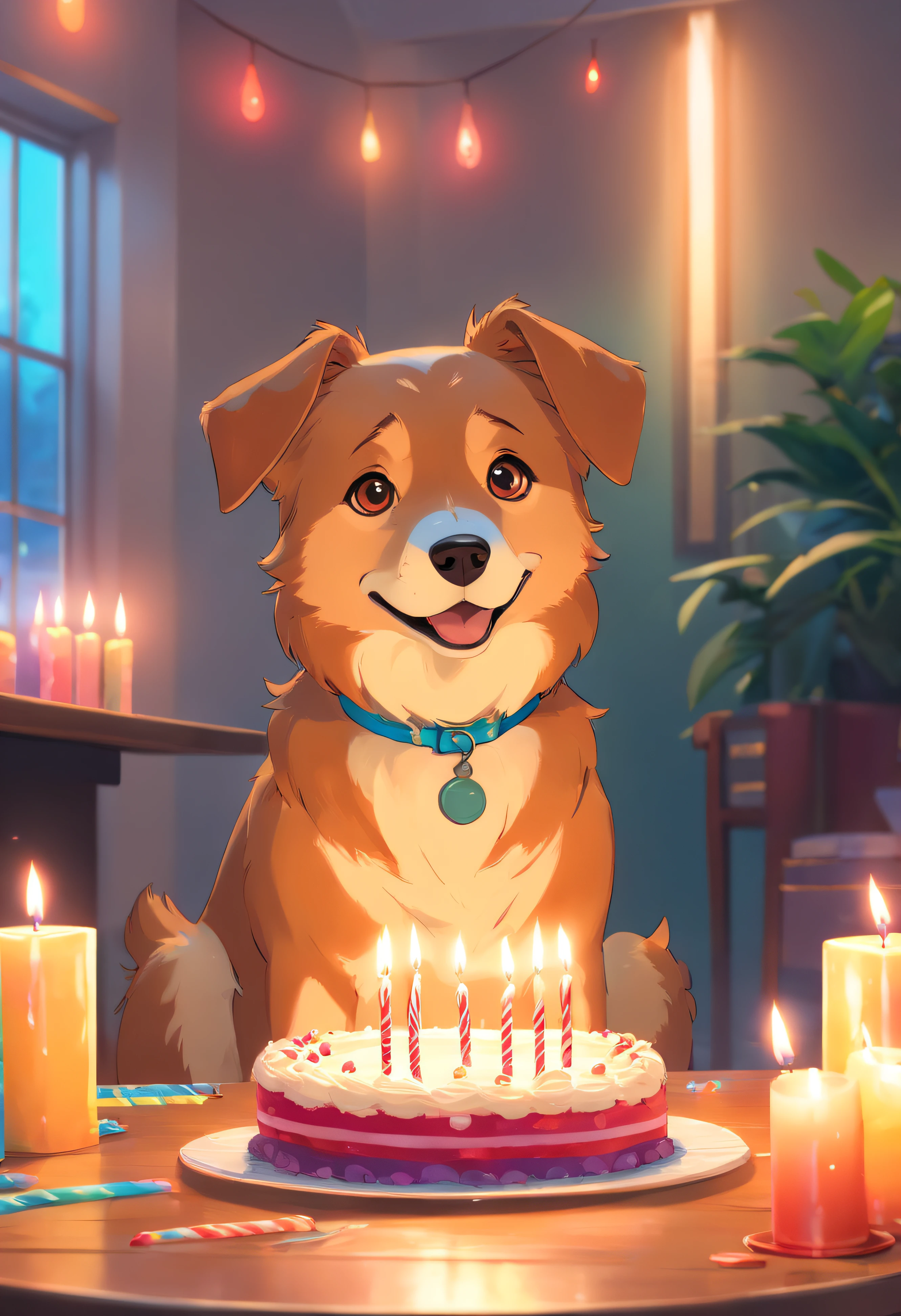 ONE DOG BIRTHDAY PARTY, ULTRA REALISTIC DOG IN 8K, SUPER DETAILS AND VIBRANT COLORS, IMAGE WITHOUT RESIDUE, IMAGE WITHOUT ERRORS, IMAGE WITHOUT TWO HEADS, IMAGE WITHOUT DOUBLE-SIDED, ENVIRONMENT DETAILS SUPER WORKED, CAKE AND CANDLES SUPER DETAILED,