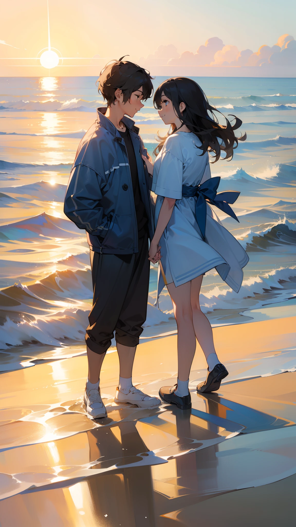 ((Masterpiece,Best quality,modern)), Screen description：Two people standing hand in hand on the beach，and the sun was shining brightly，The waves lap gently on the shore，In the distance, several seagulls are flying freely。Their smiles are bright and warm，Each other's eyes are full of deep love。