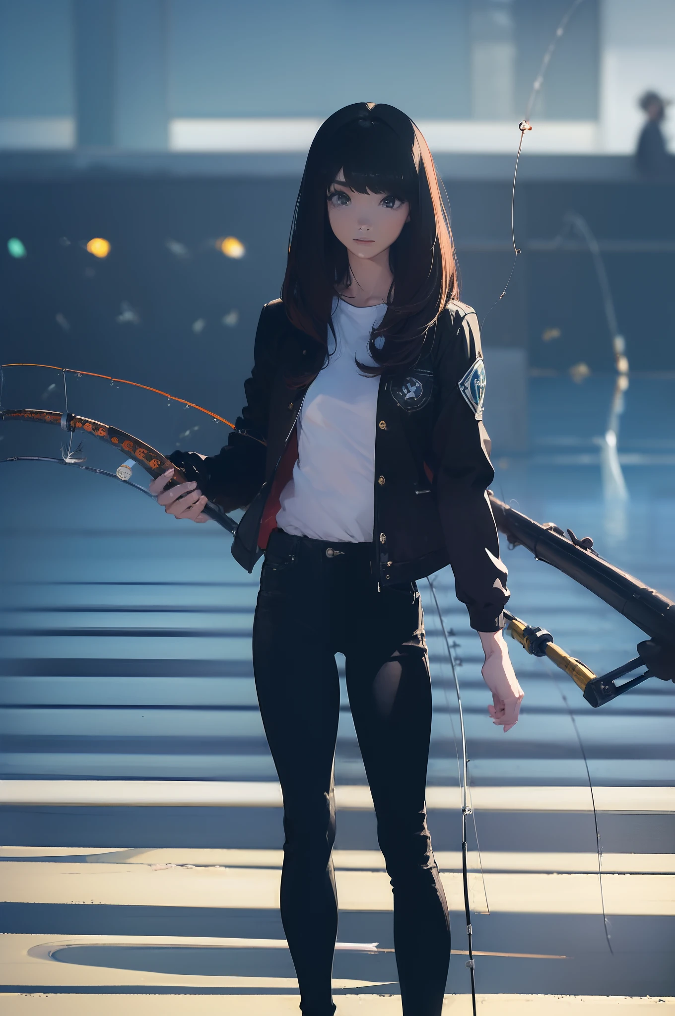 ((((having a one fishing rod with a reel by the lakeside:1.5)))),((Female 28 years old)),((Best Quality:1.5)),(((Hands with the correct number and structure of fingers:1.4))),((Big fish:1.37)),hight resolution,ultra-detailliert,masterpiece,best qualtiy,(Eight-headed body),Black hair, long eyes-lashes, Solid Circle Eyes, drop shadow, Atmospheric perspective,Super Detail, ccurate, small brest,(Black jacket and black jeans :1.1),top-quality, blurry backround, bokeh dof:1.2, (masterpiece:1.3), Atmospheric perspective,Super Detail,dynamic compositions,