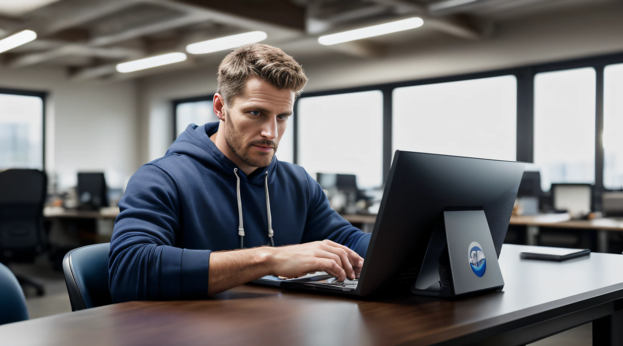Epic photograph of a man working on a computer on a table, Open hoodie, (futuriste:1.1), (hyperrealism:1.2), (8K UHD:1.2), (photoreallistic:1.2), prise avec le Canon EOS 5D Mark IV, Detailed face, detailed hair, Des yeux parfaits, Salle de bureau