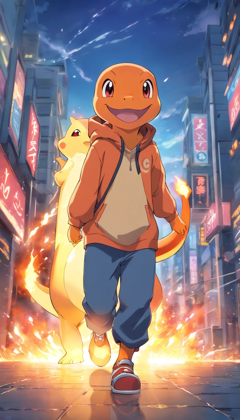 Charmander em com um fundo pegando fogo