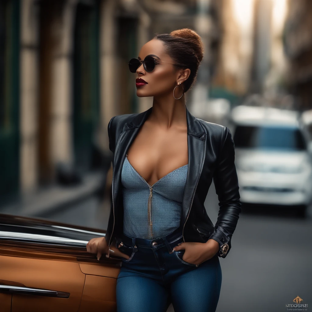 cidade，Mulher，auto-disparo，mulher negra，jeans, jaqueta, elegante, melhor qualidade, ultra high-resolution, (fotorrealista:1.4), ultra-detalhado,incrivelmente detalhado