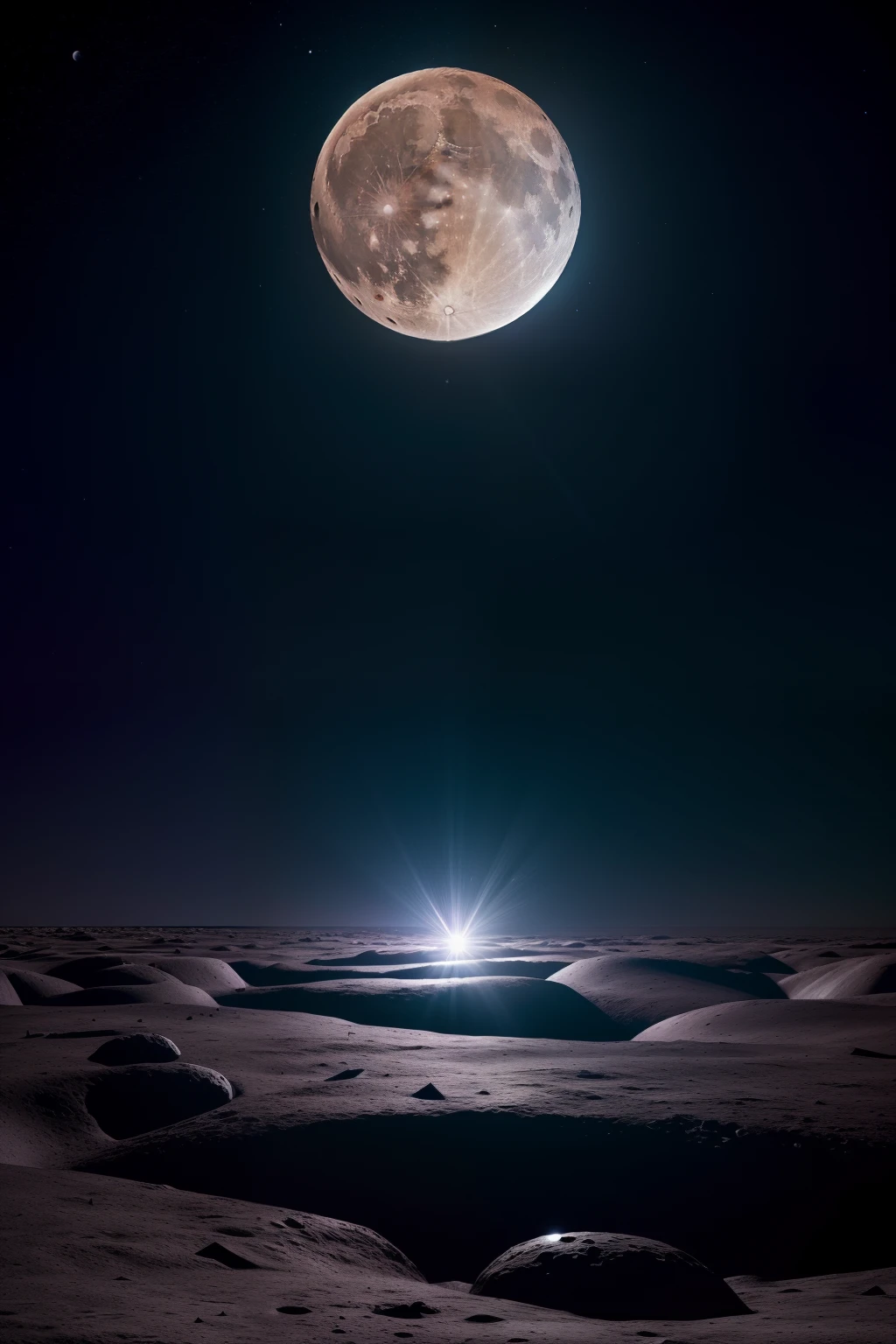 photography image of the moon and the luminous stars, dark night sky, specular lighting, visible shadows, shadow mapping, visible reflections, bright lush colours, highly detailed, illustration, bold colours, cinematic, masterpiece collection, volumetric lighting, warm dreamy lighting