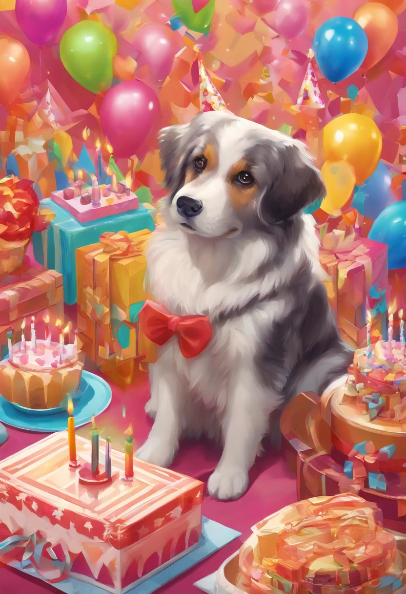 ONE DOG BIRTHDAY PARTY, ULTRA REALISTIC DOG IN 8K, SUPER DETAILS AND VIBRANT COLORS, IMAGE WITHOUT RESIDUE, IMAGE WITHOUT ERRORS, IMAGE WITHOUT TWO HEADS, IMAGE WITHOUT DOUBLE-SIDED, ENVIRONMENT DETAILS SUPER WORKED, CAKE AND CANDLES SUPER DETAILED,