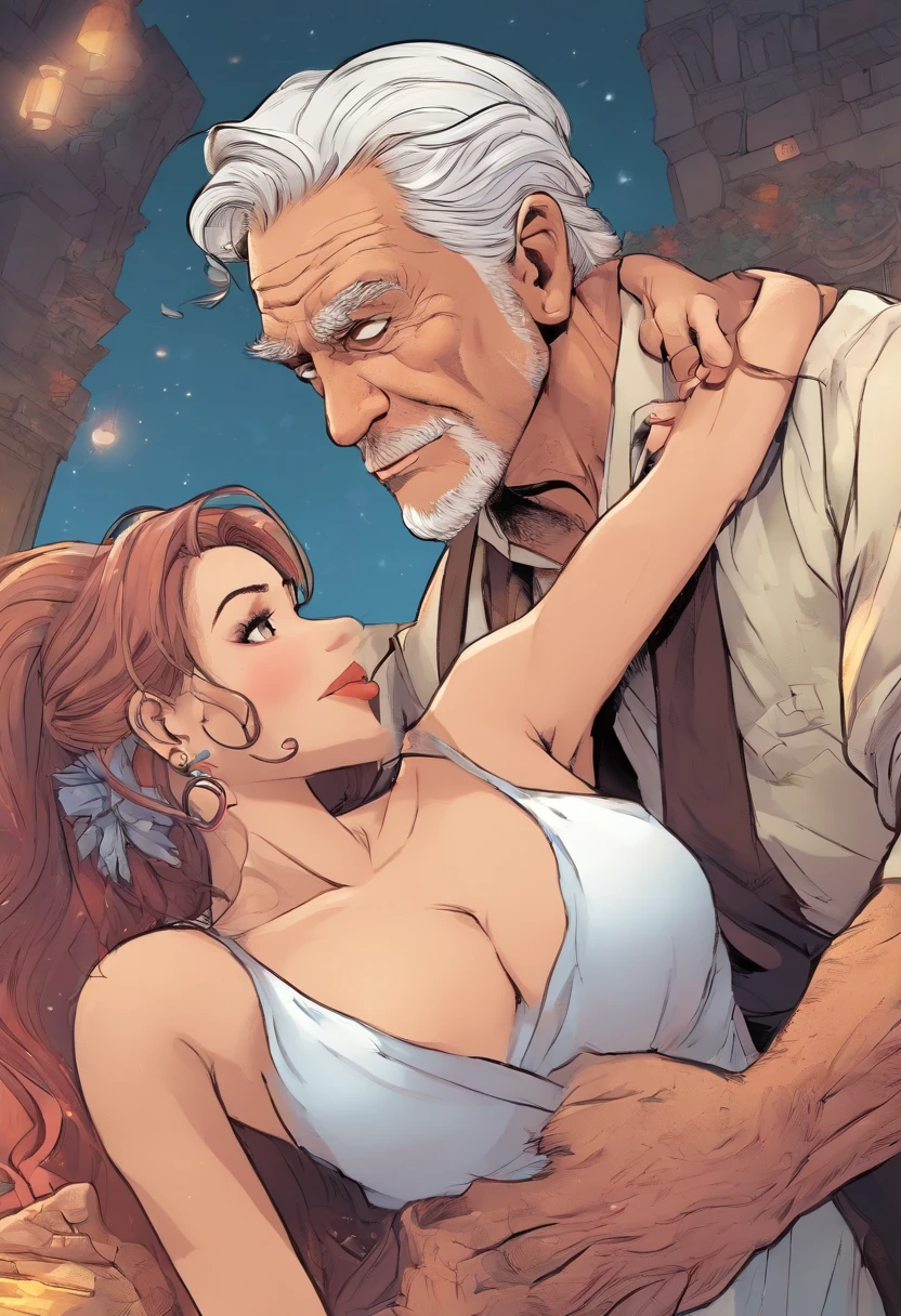 4k (masterpiece), best quality, expressive eyes, A short ugly old man with ugly dark skin, bold, and a petite build hugs and kisses a taller woman with pale white skin and a ponytail. The old man has a slim figure, while the taller woman has a curvier plump physique. They both have different skin tones . Bigger woman and smaller old man. The old man kiss ,grabbed and squeezed the milf curvaceous plump huge .