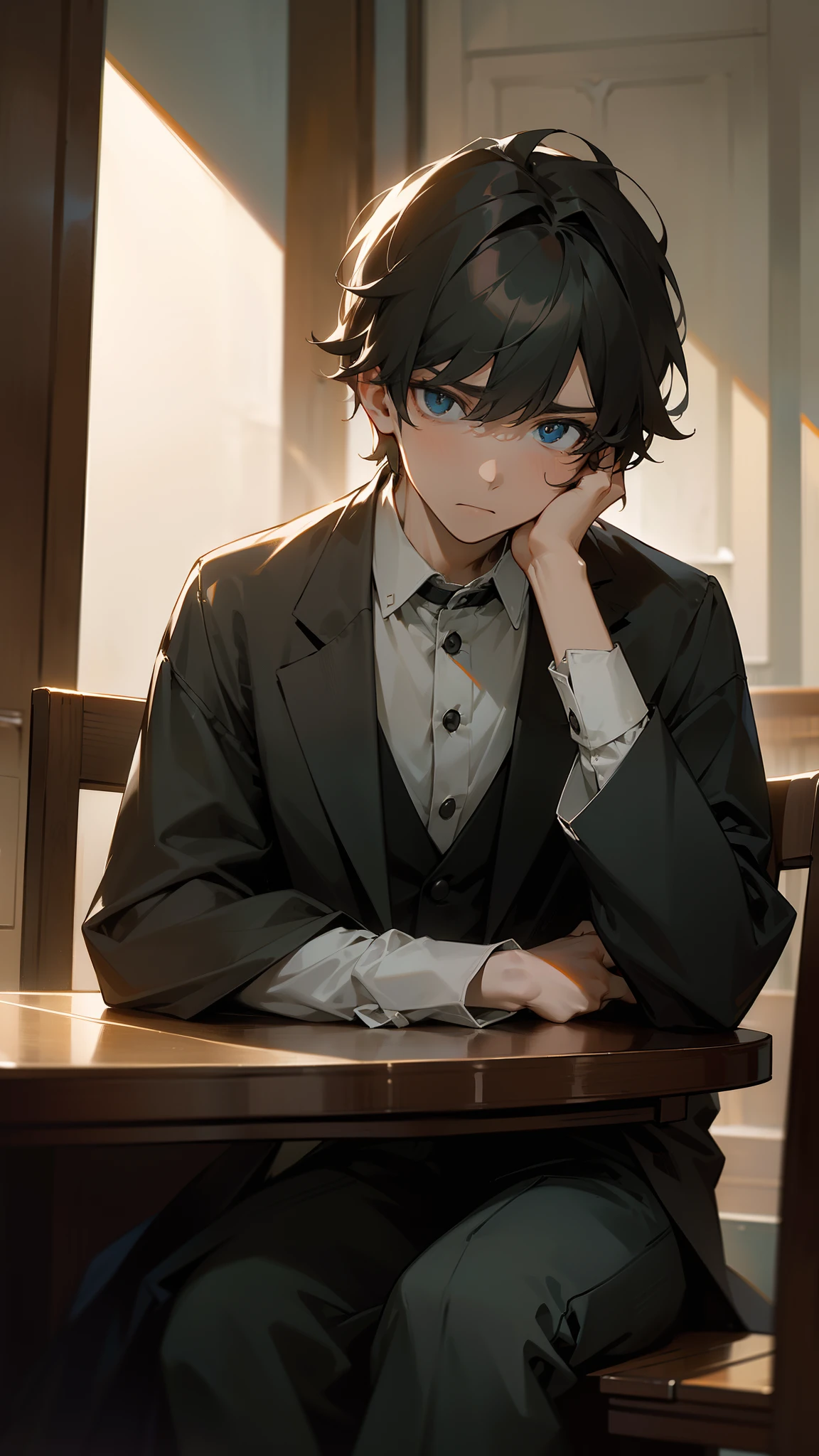 ((Masterpiece,Best quality,modern)), Screen description：
In a quiet café，A young man sits at a table in the corner，His expression was a little worried。His eyes revealed the worry of loss，He gripped his phone tightly，It seems to be chatting with someone。The atmosphere of the café is warm and peaceful，On the table was a cup of coffee and a book，There is a faint aroma of coffee around it。The light shone softly on him，His slightly furrowed brow was reflected。The whole picture reveals an atmosphere of tension and unease，As if he was worried about losing some kind of connection。