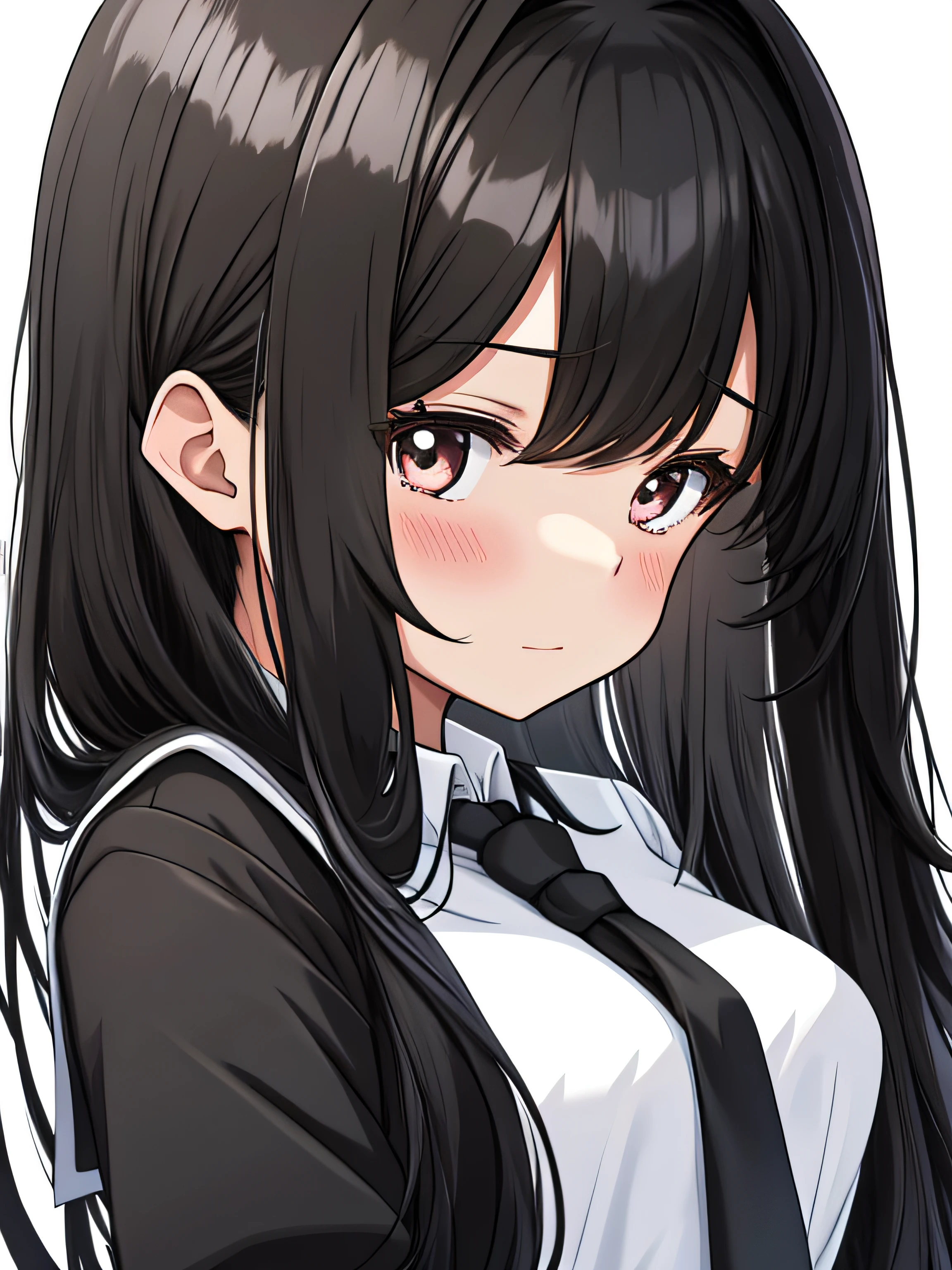 Close-up of woman with black long hair, simple schoolgirl anime girl with black long hair, whitebackground, the anime, Shy, White Skin Skin