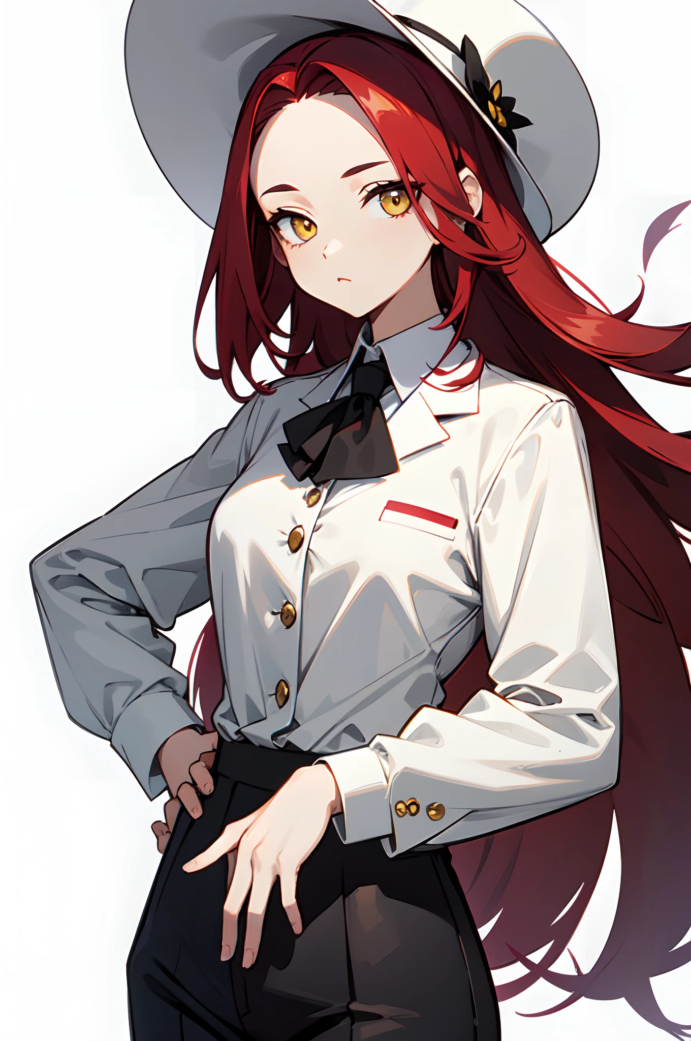 masterpiece, best quality, 4k, 1girl, solo, looking at viewer, scarlet red hair, ((long hair, forehead)), yellow eyes, mediumbreasts, neutral, wide sunhat, hands on hips, black cropped jacket, white shirt, button shirt, suit, suit pants, black pants, white background, simple background, transparent background, standing, upper body, portrait