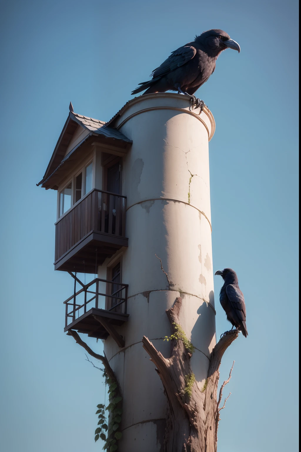 A crow sitting on a tree while a man is also climbing up that tree 8k ultra with old house made up of clay