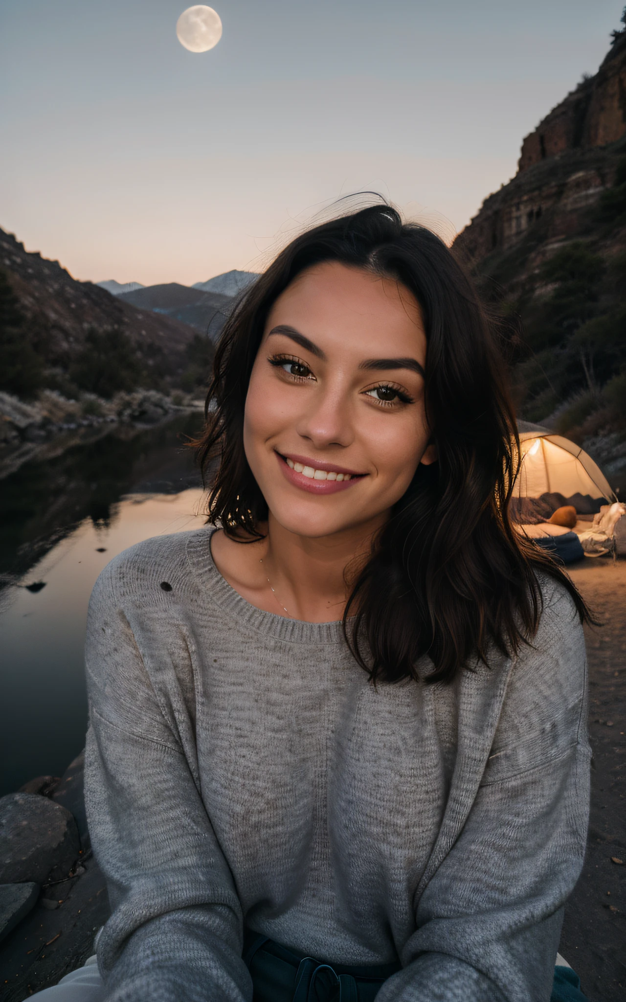 photorealistic, best quality, hyper detailed, beautiful woman, selfie photo, upper body, solo, wearing pullover, outdoors, (night), desert, real life nature, stars, moon, (cheerful, happy), sleeping bag, gloves, sweater, flashlight, forest, rocks, river, wood, smoke, fog, clear sky, analog style, looking at viewer, skin texture, film grain, close up, ultra high res, best shadow, RAW, instagram LUT, dimples, cheesy smile, hard nipples