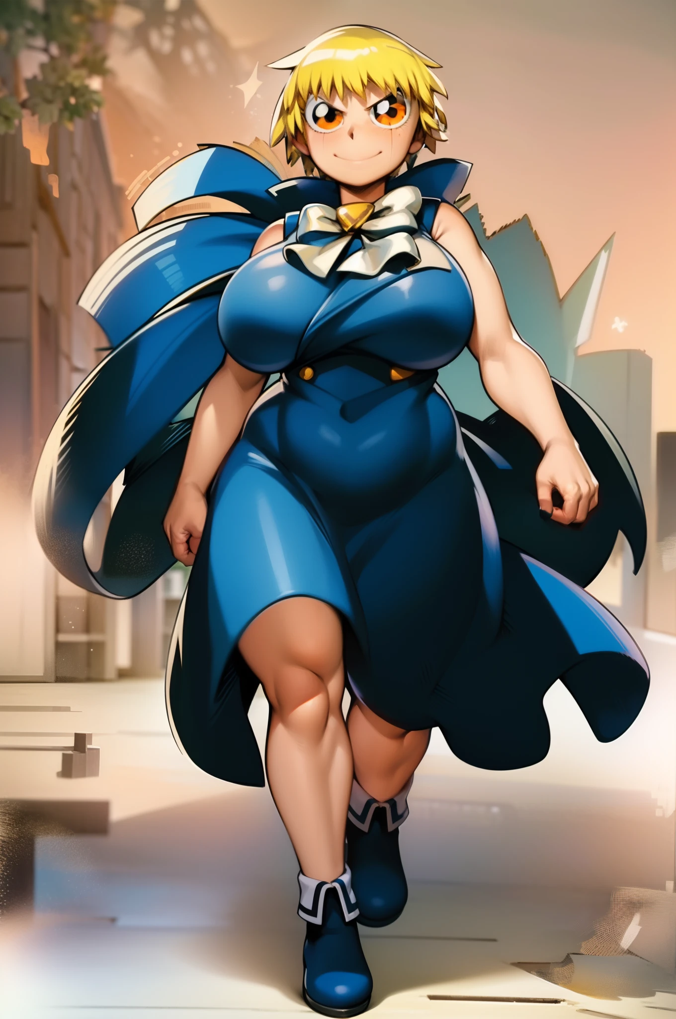 ((masterpiece, best quality)),solo,young girl, 1girl, full body, orange eyes, blonde hair, short hair, zatch, black cloack, white bow, big eyes, blue footwear, walking, beach,, 1girl, tallgirl,smile, big breast,Mature Female, height 2.0 meters