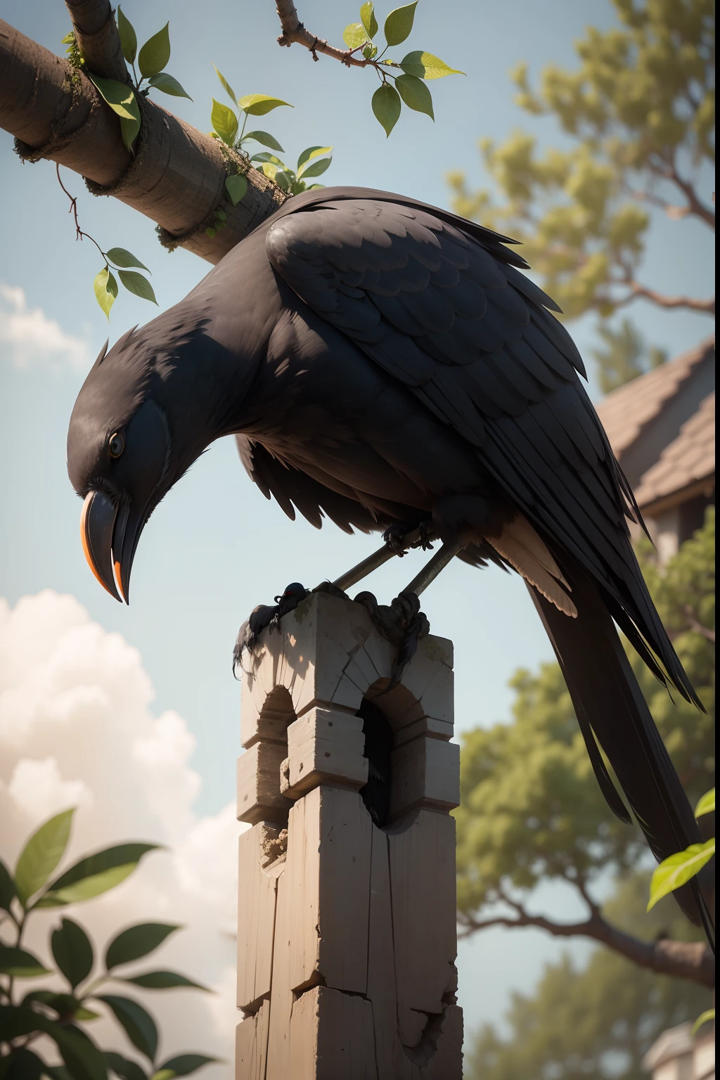 A crow sitting on a tree while a man is also climbing up that tree 8k ultra with old house made up of clay