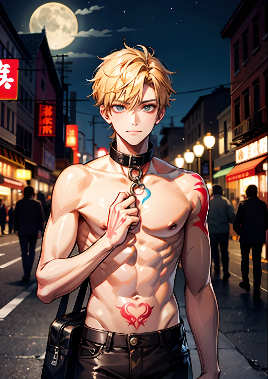 1boy,11 only、a blond、 Collar,tattooed、Upper body naked、Leather pants、Moon Night 、Chinatown、Lots of neon、traffic jam、Large crowds,hightquality、masutepiece,8K,