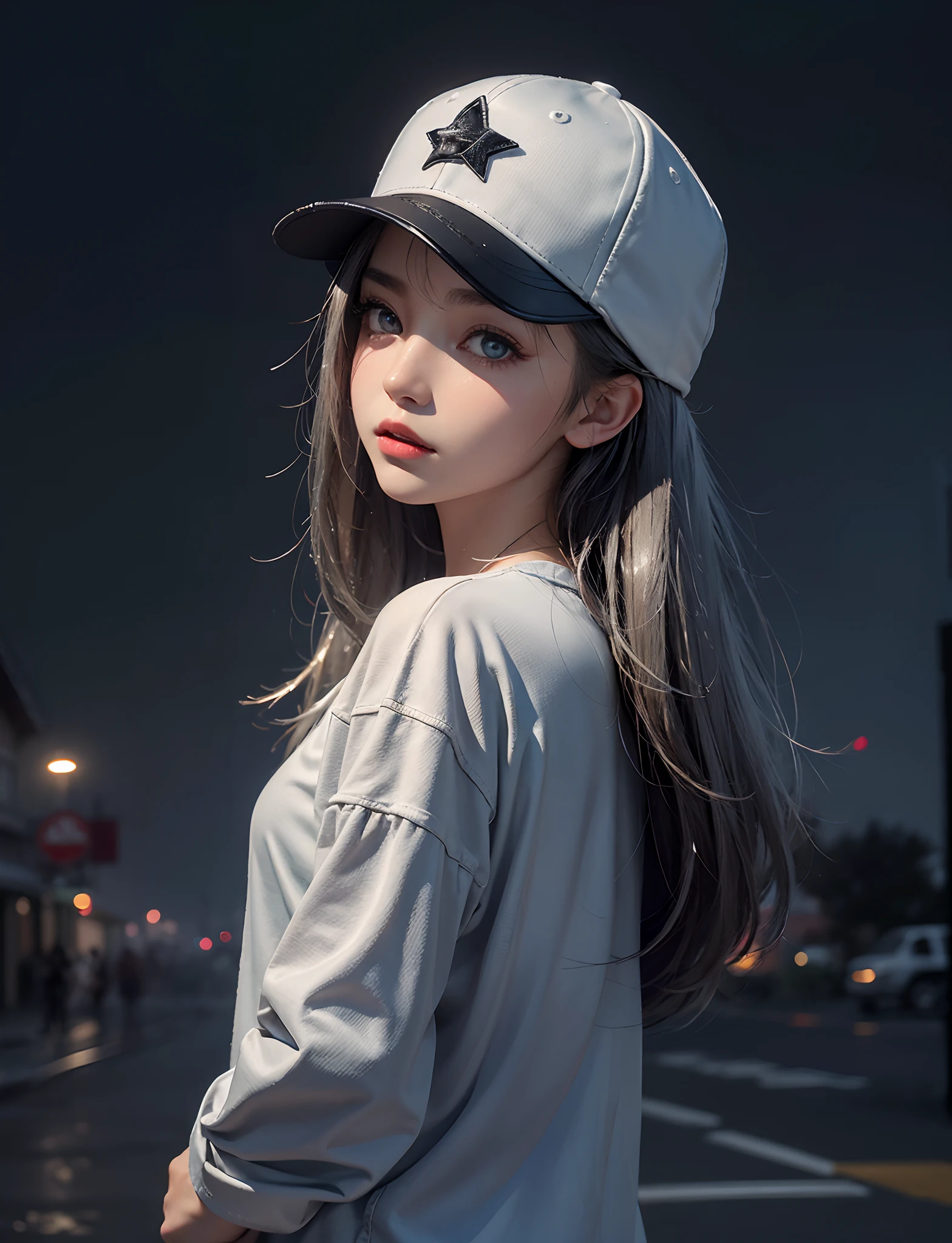 1girll,Solo,((Beautiful detailed eyes)), (Detailed light),Depth of field,Silver eyes,Looking back,Night,Starfall,rained,Heavy fog,Late at night,With a baseball cap,A lone,Walk the street,Back Shadow