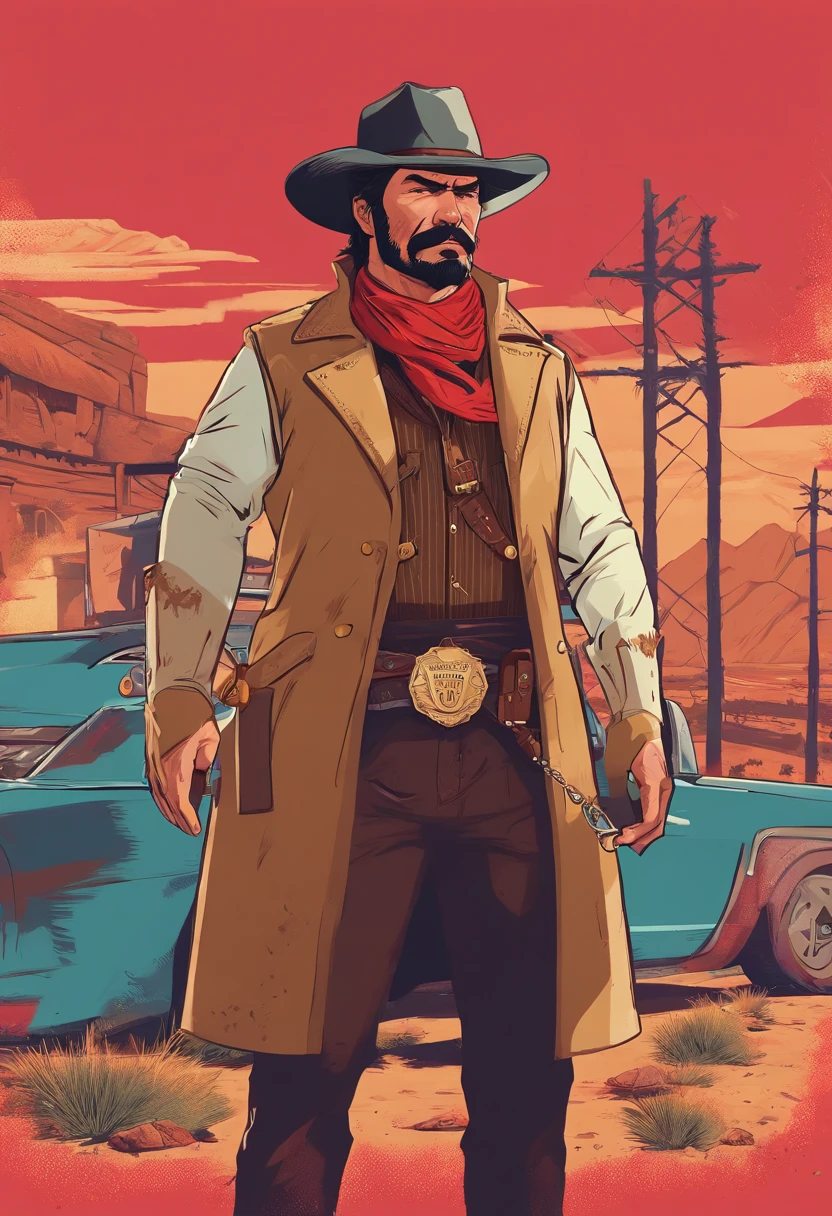 Red Dead Redemption 2 illustration style，Sheriff Curtis Malloy，Wear a Nevada hat,Khaki coat，Blue vest and white shirt,Nothing but a mustache,shaven face,sheriff badge, masterpiece,  digital artwork, key art. HD, sheriff coat. In a town