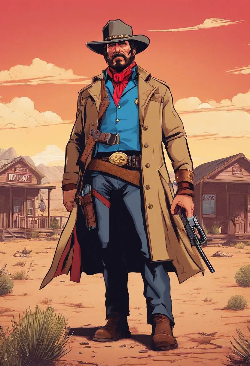 Red Dead Redemption 2 illustration style,Sheriff Curtis Malloy,Wear a Nevada hat,Khaki coat,Blue vest and white shirt,Nothing but a mustache,shaven face,sheriff badge, masterpiece, digital artwork, key art. HD, sheriff coat. In a town