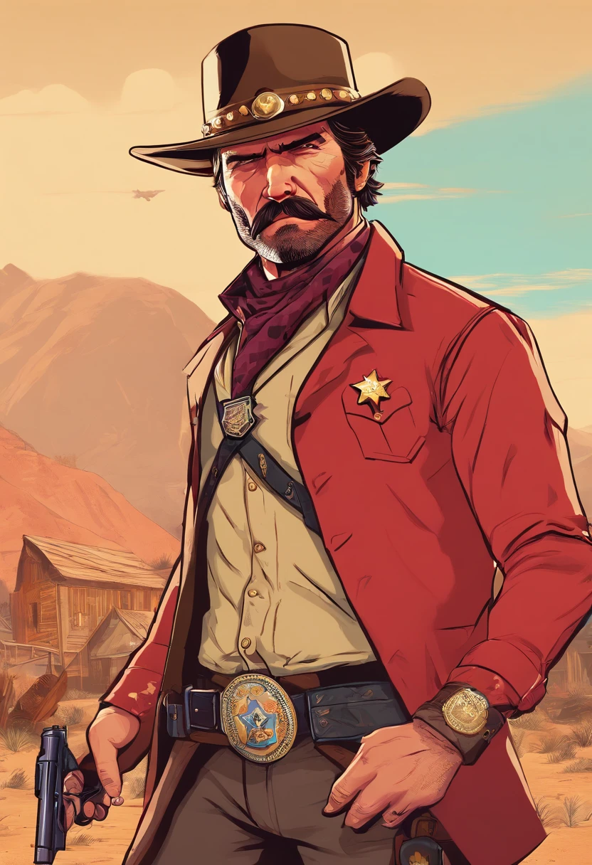 Red Dead Redemption 2 illustration style，Sheriff Curtis Malloy，Wear a Nevada hat,Khaki coat，Blue vest and white shirt,Nothing but a mustache,shaven face,sheriff badge, masterpiece,  digital artwork, key art. HD, sheriff coat. In a town