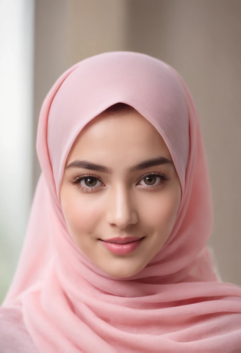 Photo portrait of a beautiful Bandung girl wearing a hijab and dimples, around 17 years old, (plain pink hijab), (portrait medium shot:1.3), natural light, Rembrandt lighting scheme, (hyperrealism:1.2), (8K UHD: 1.2), ( photorealistic:1.2), shot with a Canon EOS 5D Mark IV, facial detail, skin texture detail. smiling looking at the camera