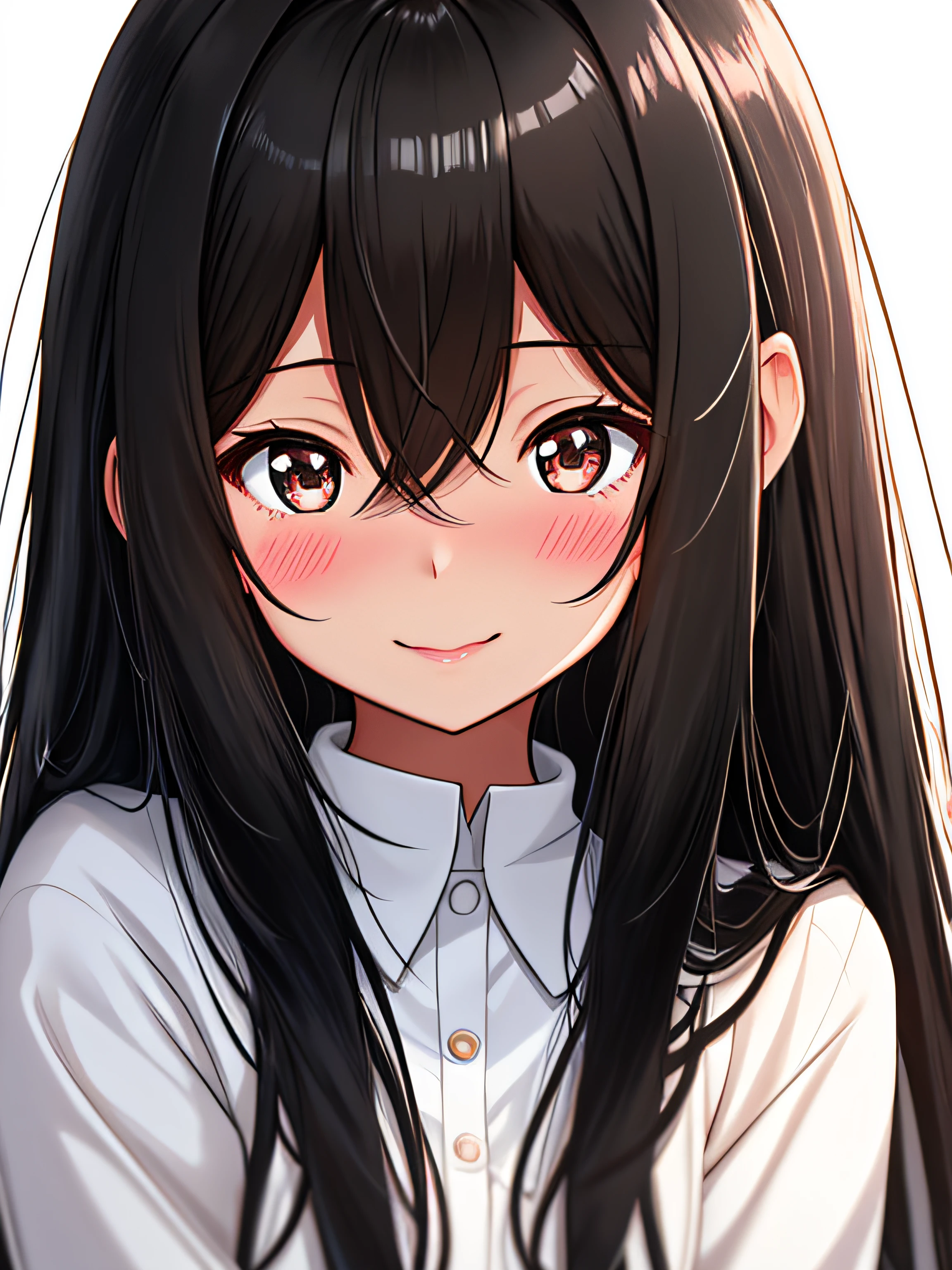 Close-up of woman with black long hair, simple schoolgirl anime girl with black long hair, whitebackground, the anime, Shy, White Skin Skin, Shy, delicate features,Subtle facial expression,Innocent,Sparkling eyes,rosy cheeks,Detailed hair strands,floting hair, gentle smile,Focus on your eyes and lips,A slight blush