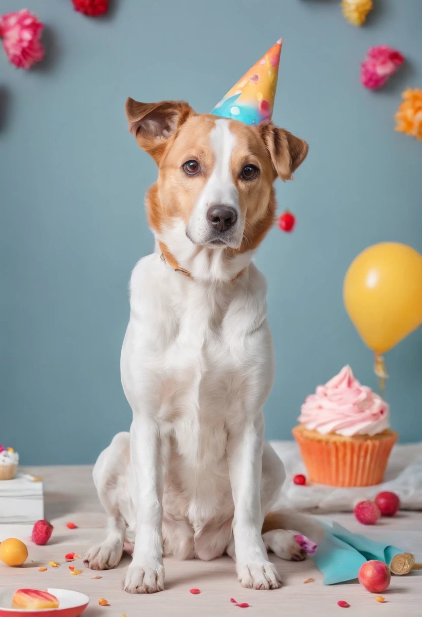 ONE DOG BIRTHDAY PARTY, ULTRA REALISTIC DOG IN 8K, SUPER DETAILS AND VIBRANT COLORS, IMAGE WITHOUT RESIDUE, IMAGE WITHOUT ERRORS, IMAGE WITHOUT TWO HEADS, IMAGE WITHOUT DOUBLE-SIDED, ENVIRONMENT DETAILS SUPER WORKED, CAKE AND CANDLES SUPER DETAILED,