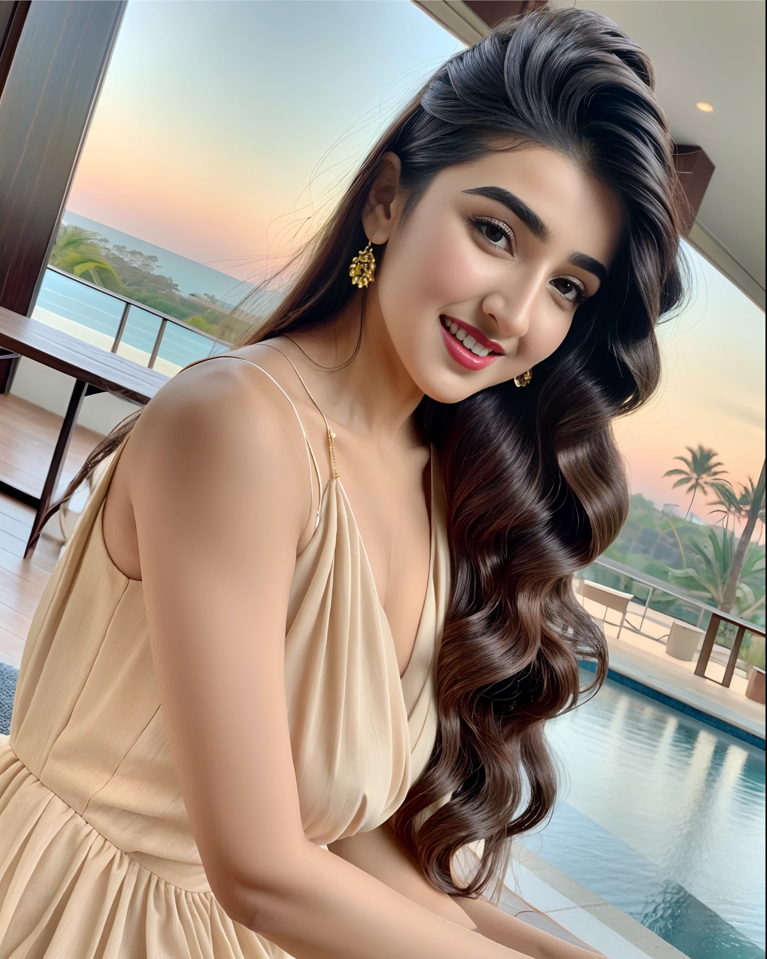 a close up of a sara ali khan with long hair wearing a red dress, attractive girl, cute beautiful, very beautiful girl, beautiful cute, actress, stylish pose, with lovely look, beautiful image, beautiful model girl, cute woman, attractive pose, beautiful girl model, beautiful pretty young, beautiful model, beautiful pose, cute girl, with a beautifull smile, beautiful sara ali khan, dark red lips, big natural lips, big chest, healthy body, sexy figure, indian skin. Red dress