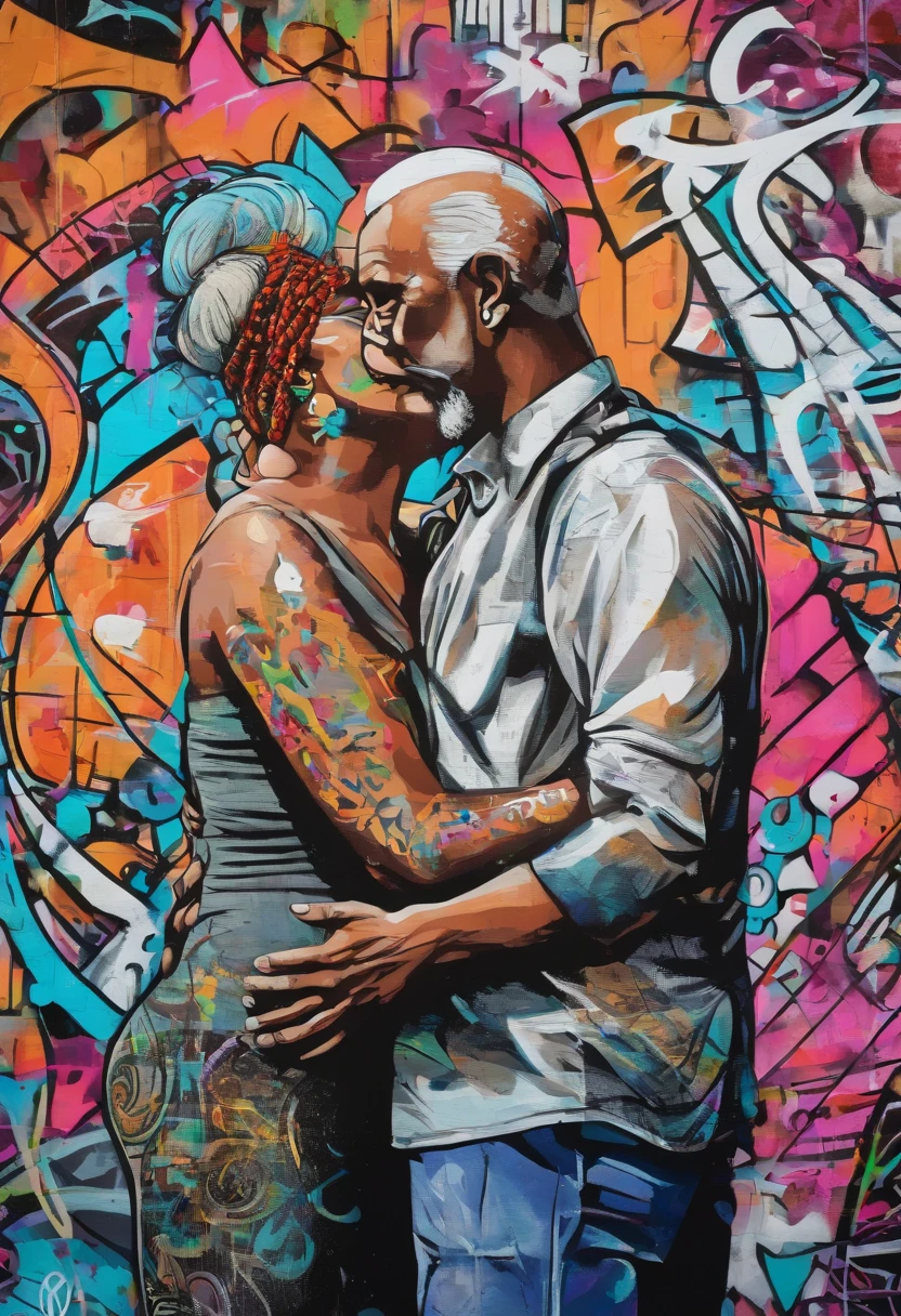4k (masterpiece), best quality, expressive eyes, A short ugly old man with ugly dark skin, bold, and a petite build hugs and kisses a taller woman with pale white skin and a ponytail. The old man has a slim figure, while the taller woman has a curvier plump physique. They both have different skin tones . Bigger woman and smaller old man. The old man kiss ,grabbed and squeezed the milf curvaceous plump huge .