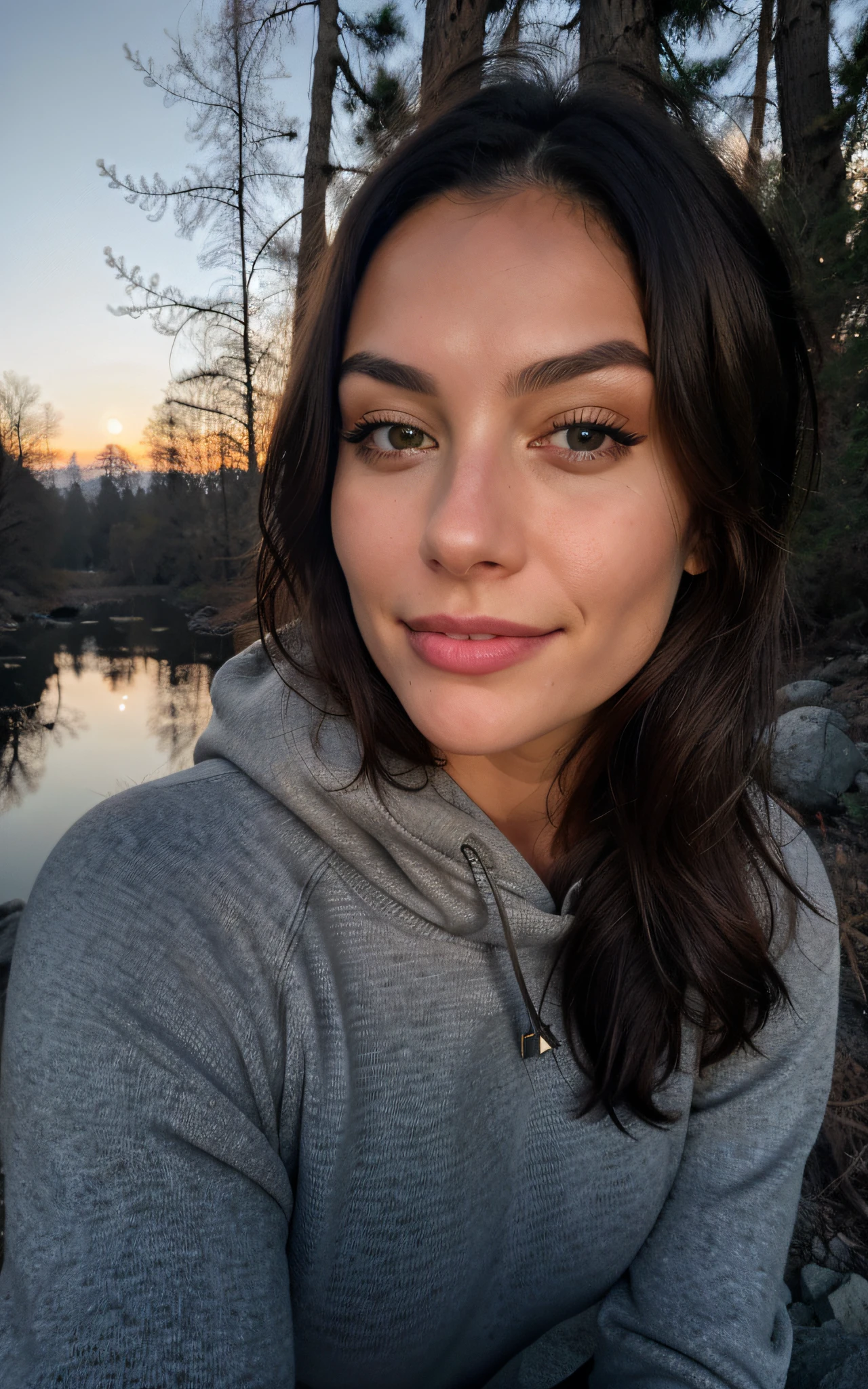 photorealistic, best quality, hyper detailed, beautiful woman, selfie photo, upper body, solo, wearing pullover, outdoors, (day), desert, real life nature, stars, moon, (biting lip), sleeping bag, gloves, sweater, flashlight, forest, rocks, river, wood, smoke, fog, clear sky, analog style, looking at viewer, skin texture, film grain, close up, ultra high res, best shadow, RAW, instagram LUT, dimples, cheesy smile, hard nipples