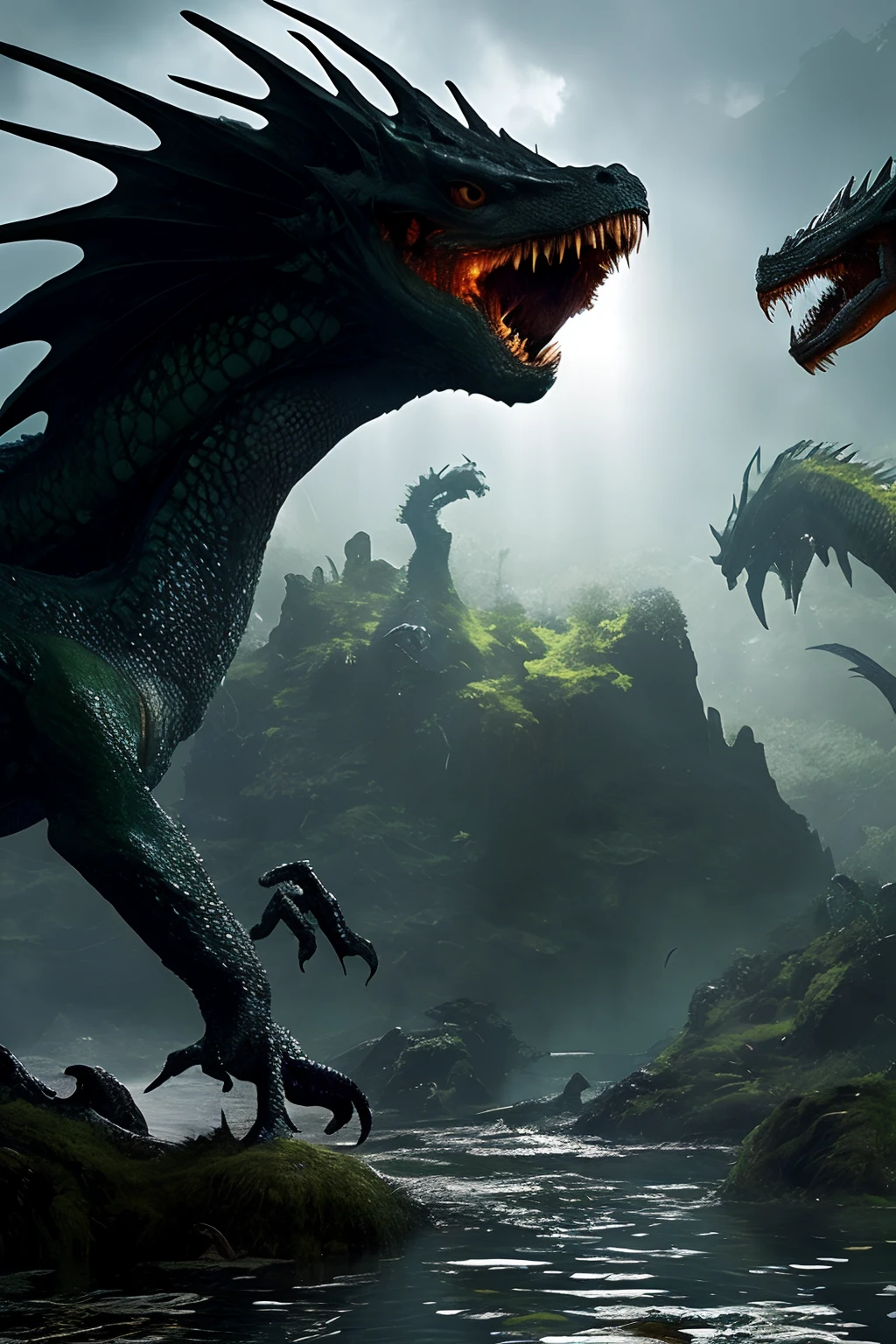Giant dragon shines, with salamander appearance, sem asas, cor preto com detalhes em safira, with electric powers, lives in a swamp, RPG medieval, fundo de filme, 8k, mantendo a simetria, A single dragon lurking in the swamp, fantasia, illustration